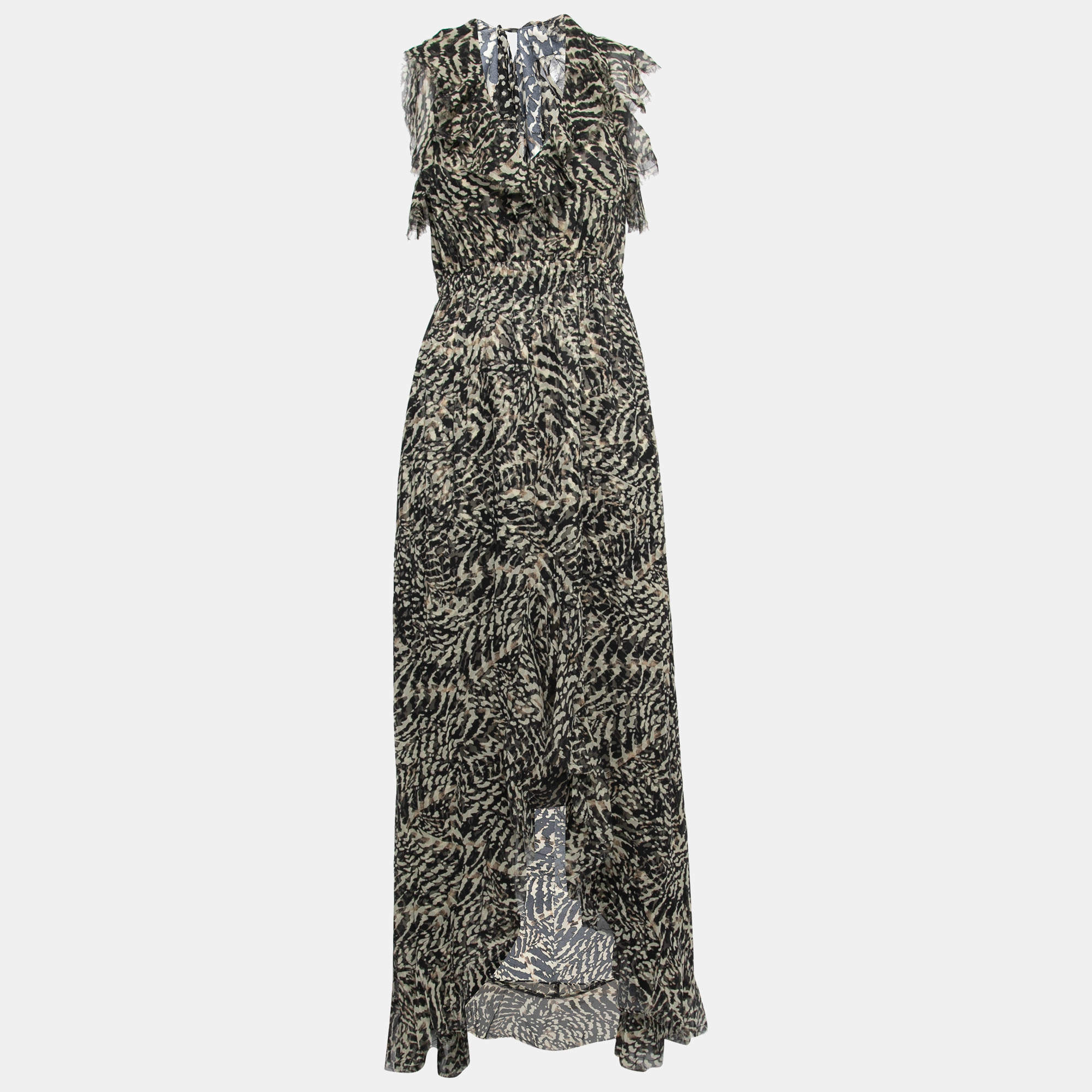 L'agence Brown Abstract Printed Silk Sophie Flutter Maxi Dress M 