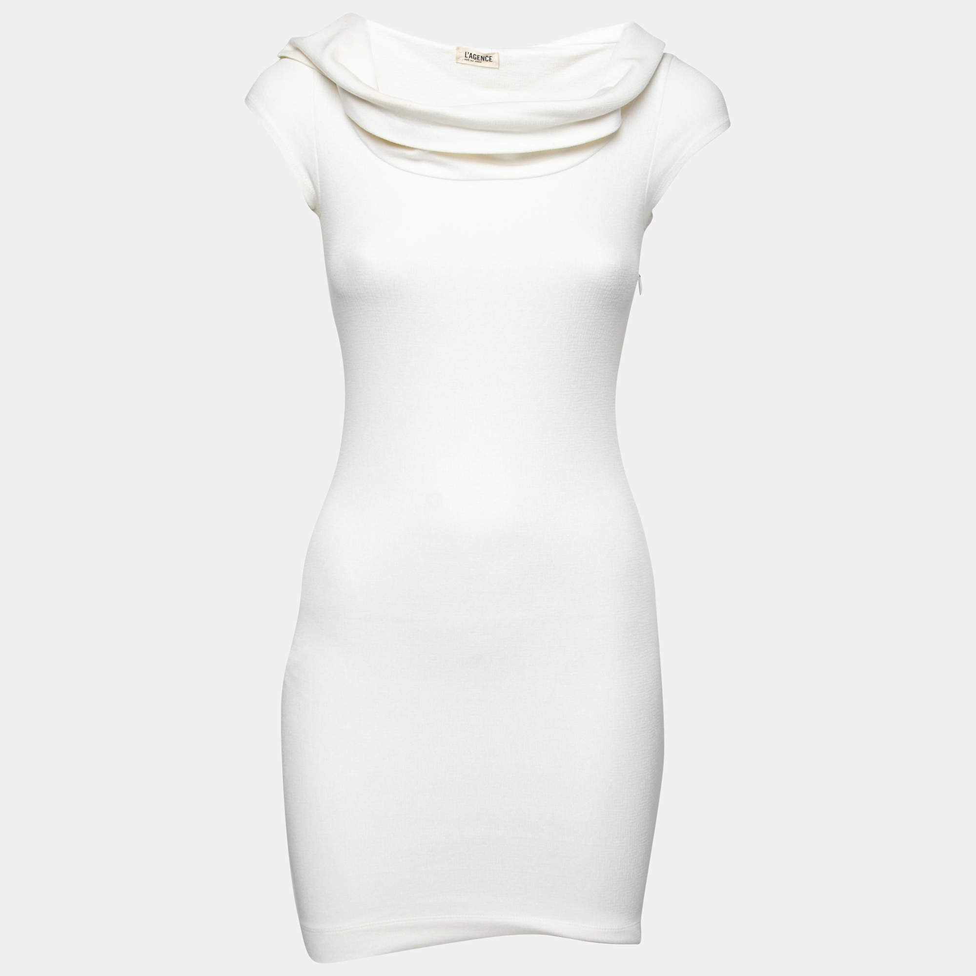 Pre Owned L'agence White Cotton Blend Draped Shawl Neck Bodycon Dress XS