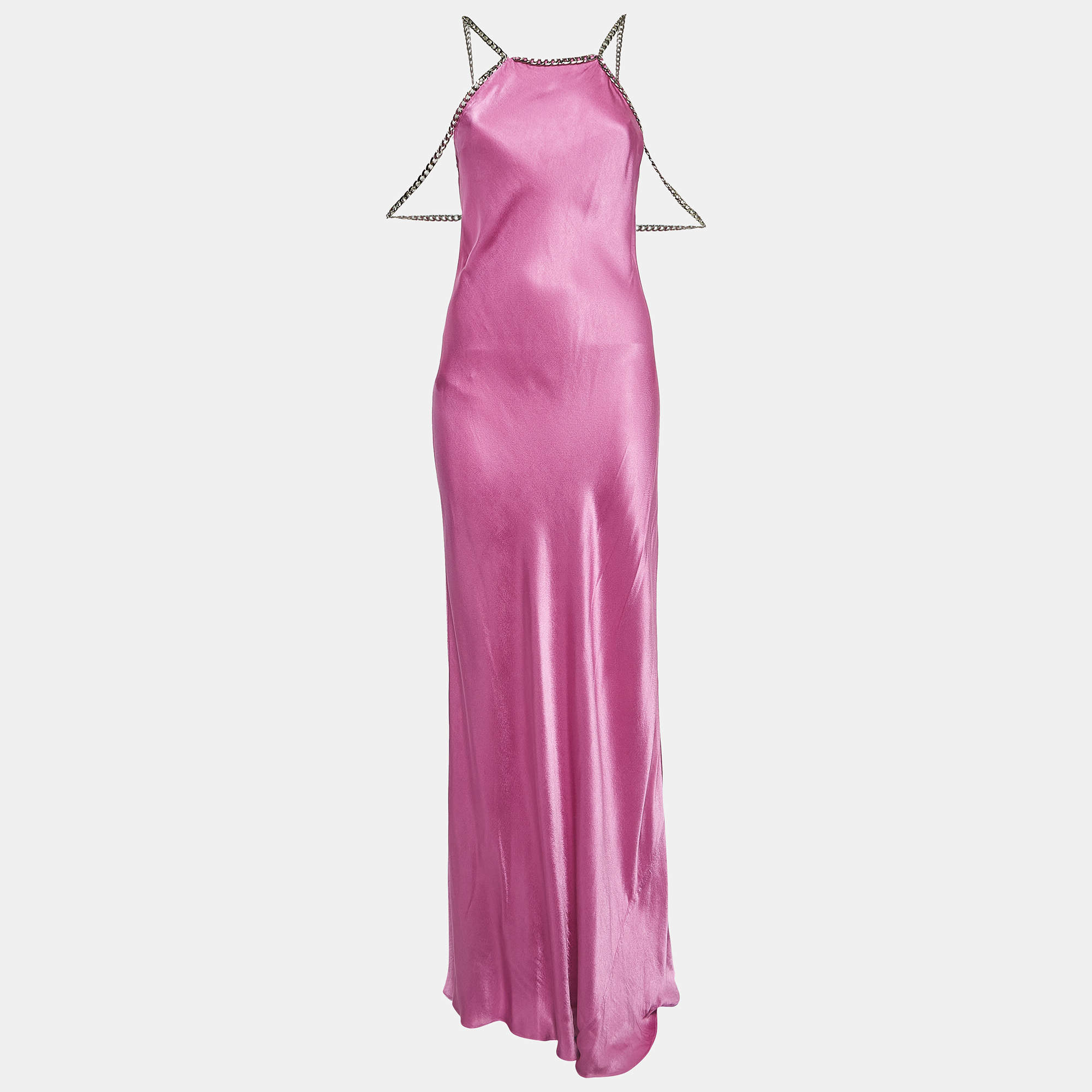 L'Agence Pink Satin Chain Detail Majesty Long Dress S