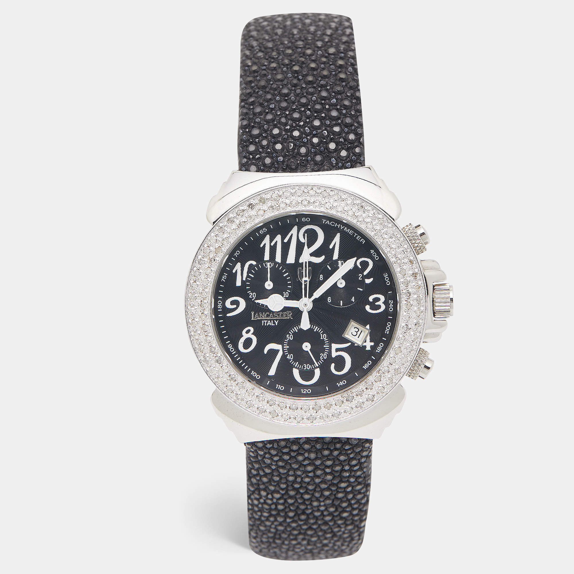 Lancaster Black Stainless Steel Galuchat Leather Diamond Ref.0226 Women's Wristwatch 39 mm