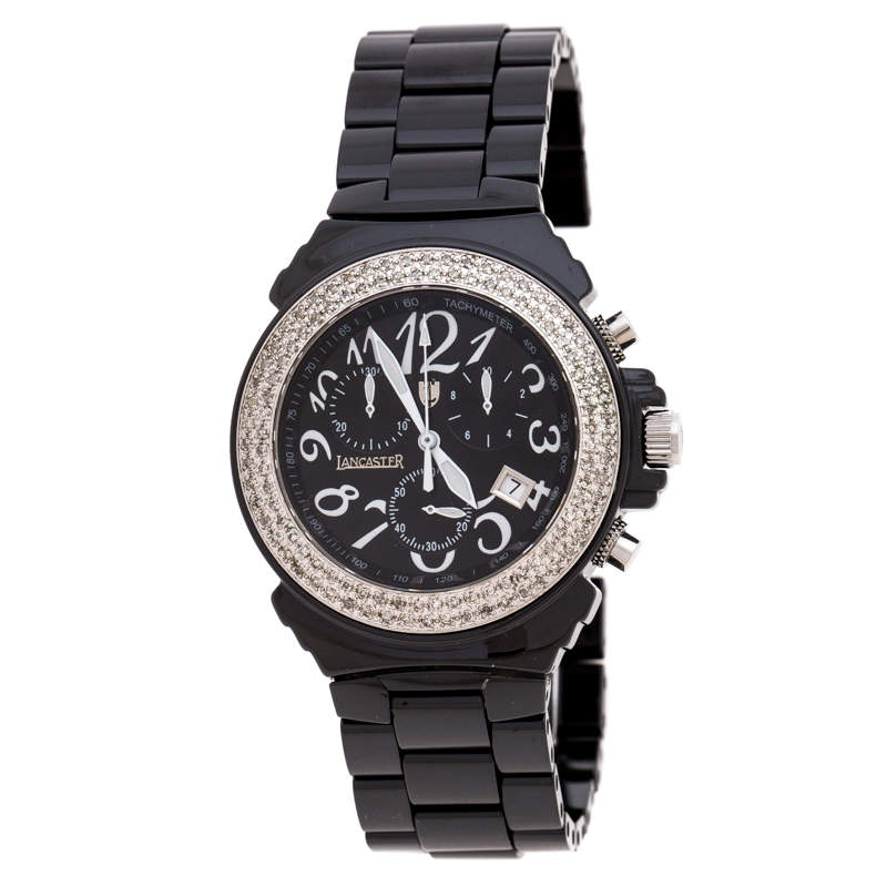 Pre Owned Lancaster Black Ceramic Stainless Steel Ref.0285 Women's Wristwatch 39 mm