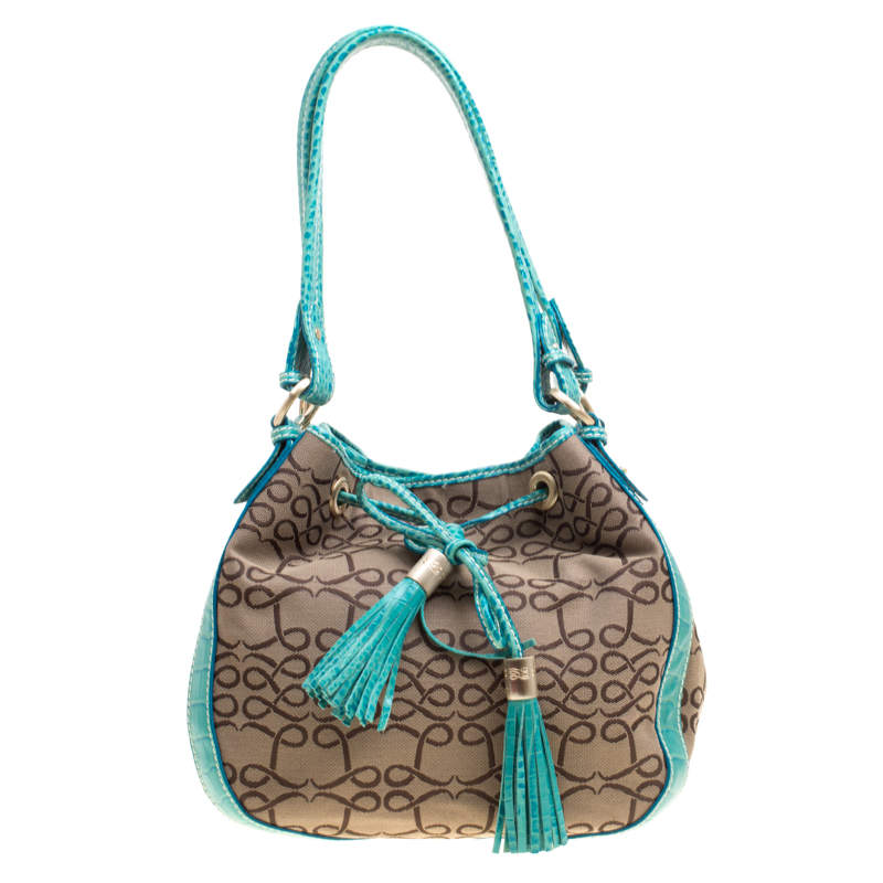 Pre Owned Lancel Brown/Aqua Green Signature Canvas and Leather Shoulder Bag