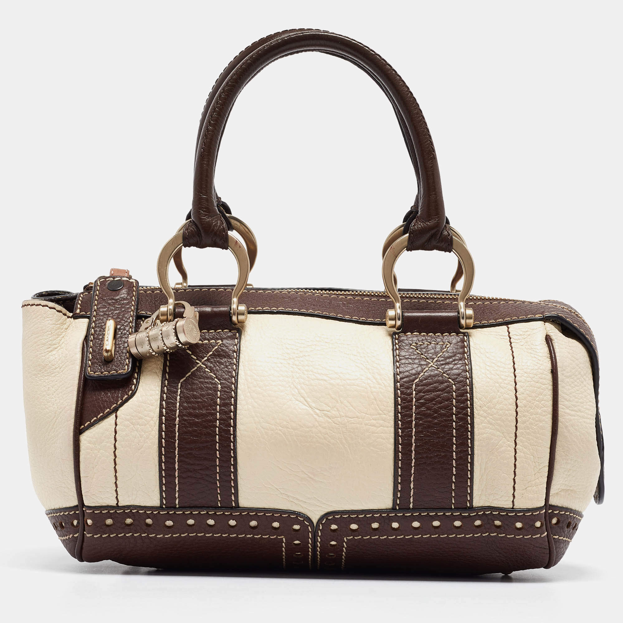 Lancel Brown/Off White Leather Lock Detail Satchel