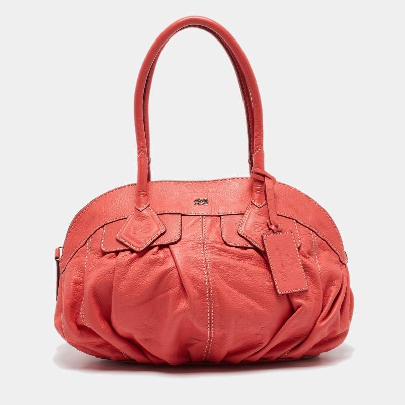 Lancel Coral Orange Leather Gousset Satchel