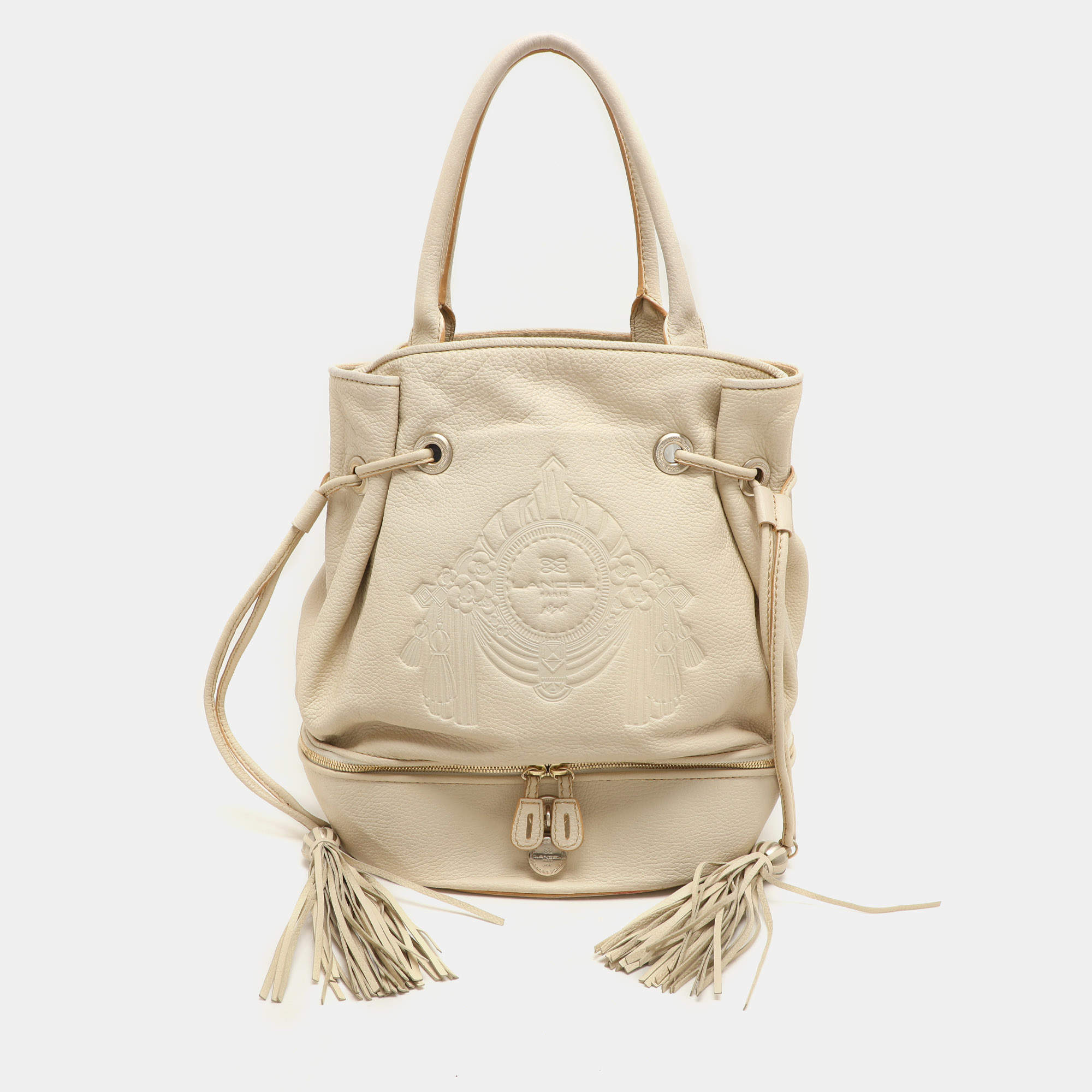 Lancel Cream Leather Drawstring Tassel Tote