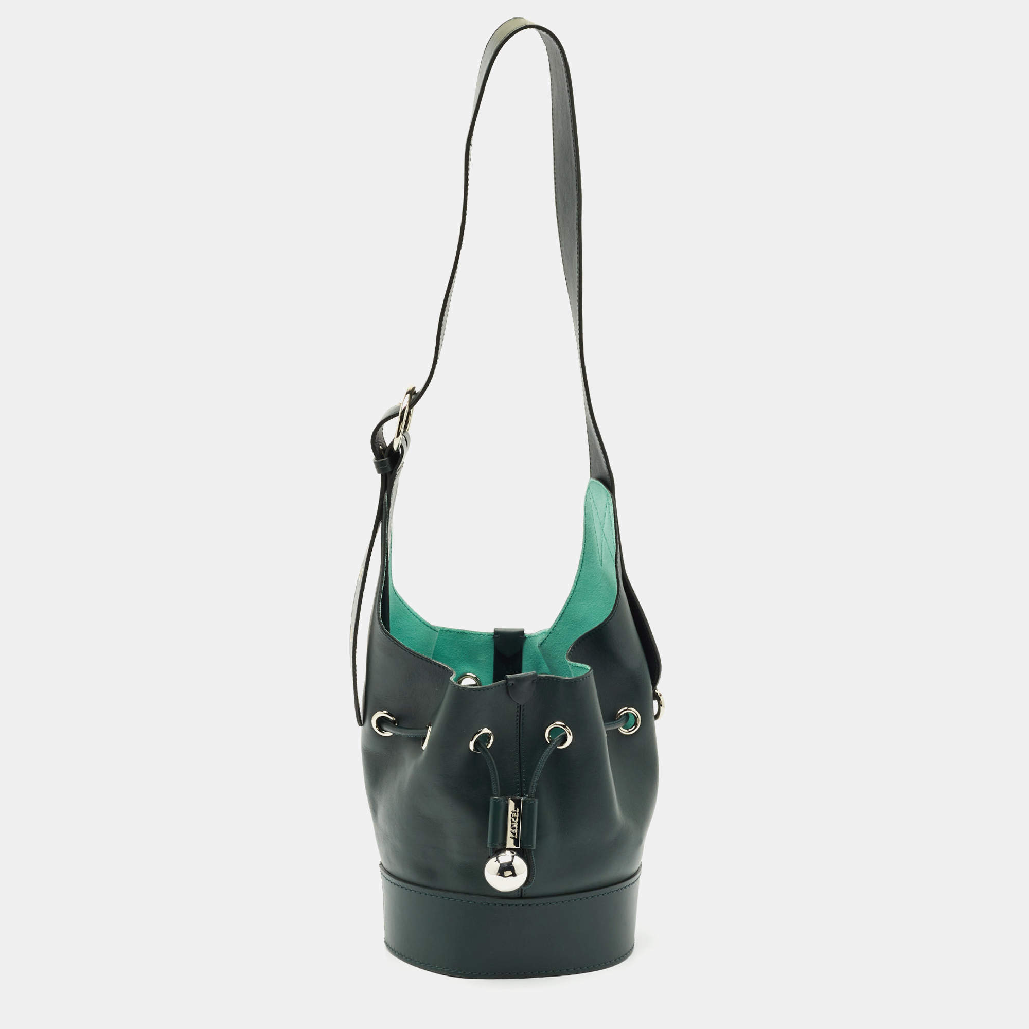 Pre Owned Lancel Dark Green Leather Drawstring Bucket Bag