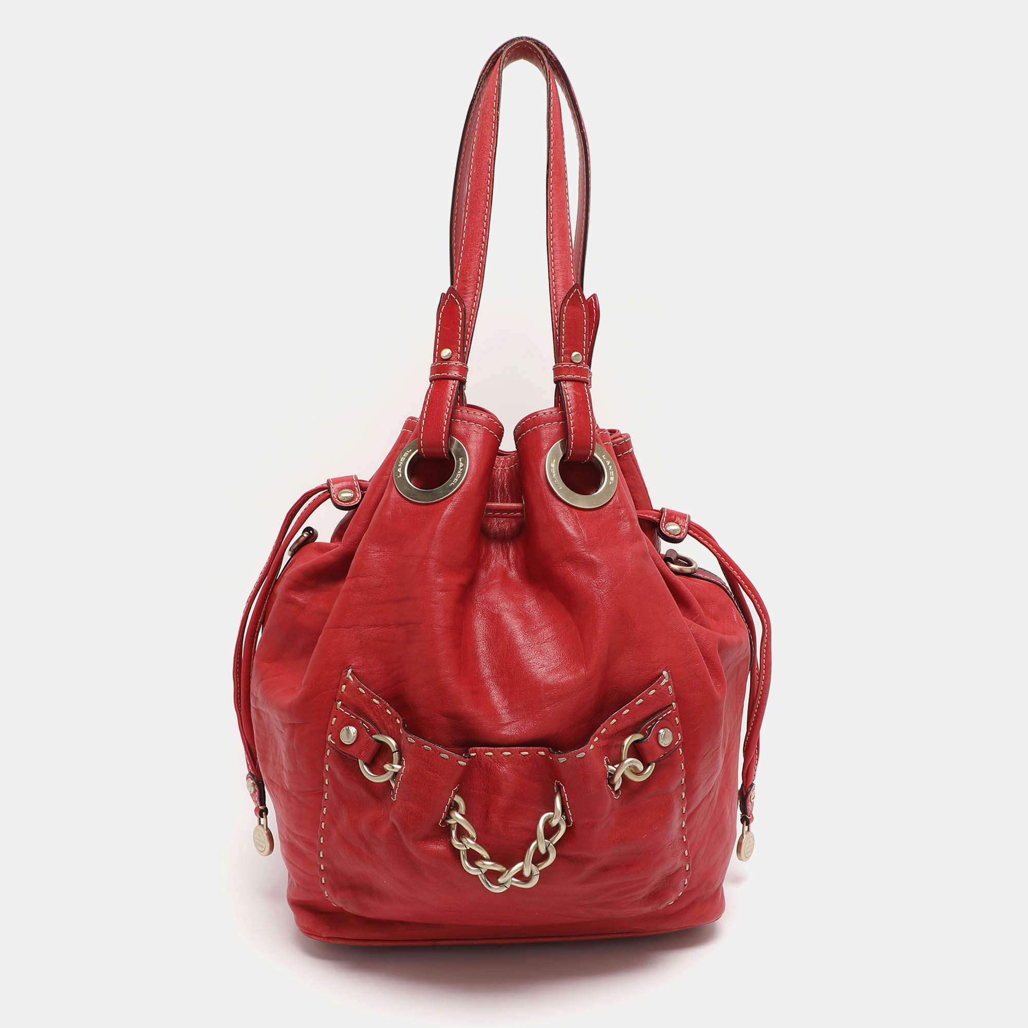 Pre Owned Lancel Red Leather Drawstring Hobo