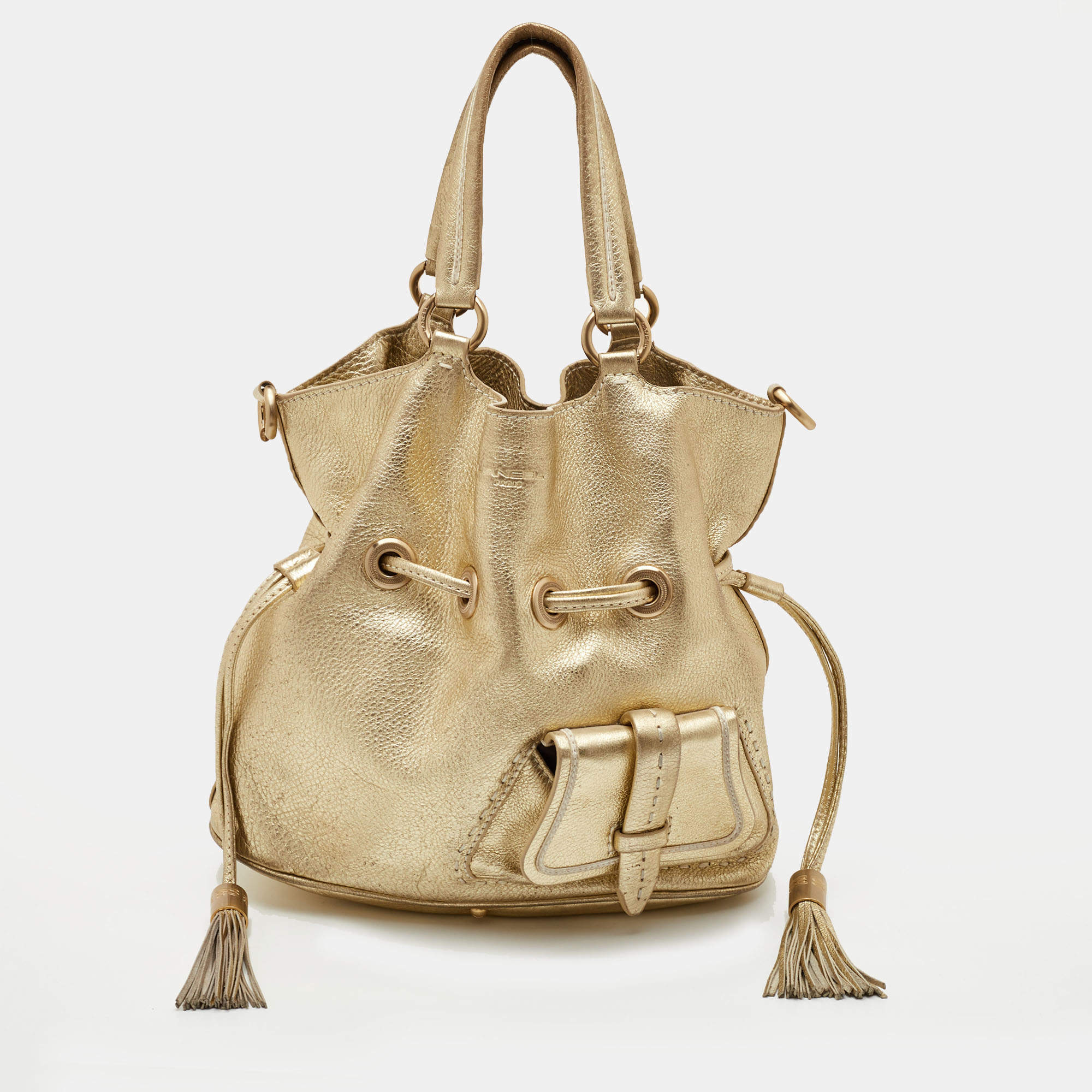 Pre Owned Lancel Premier Flirt Gold Pebbled Leather Bucket Bag