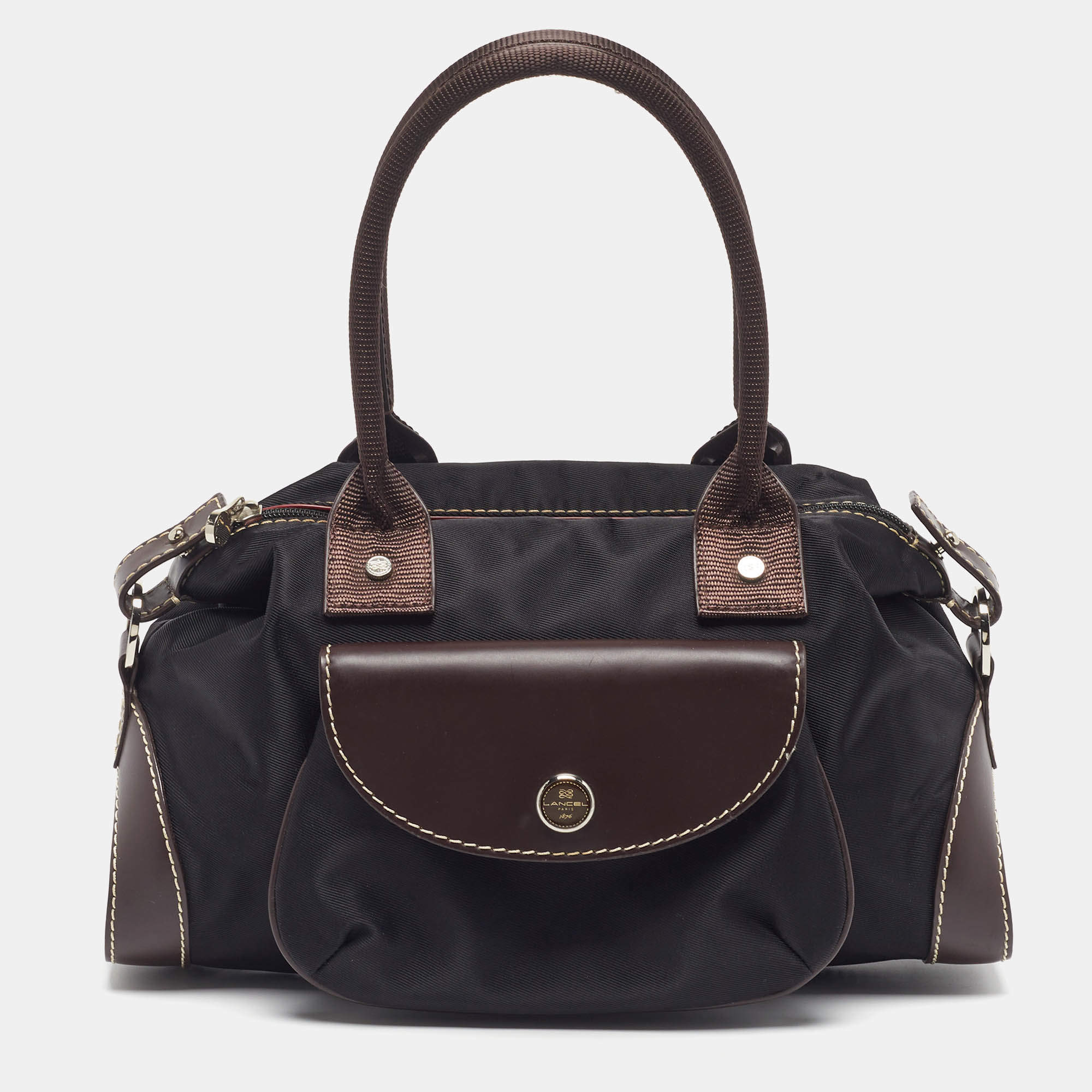 Pre Owned Lancel Front Pocket Black/Dark Brown Nylon and Leather Satchel