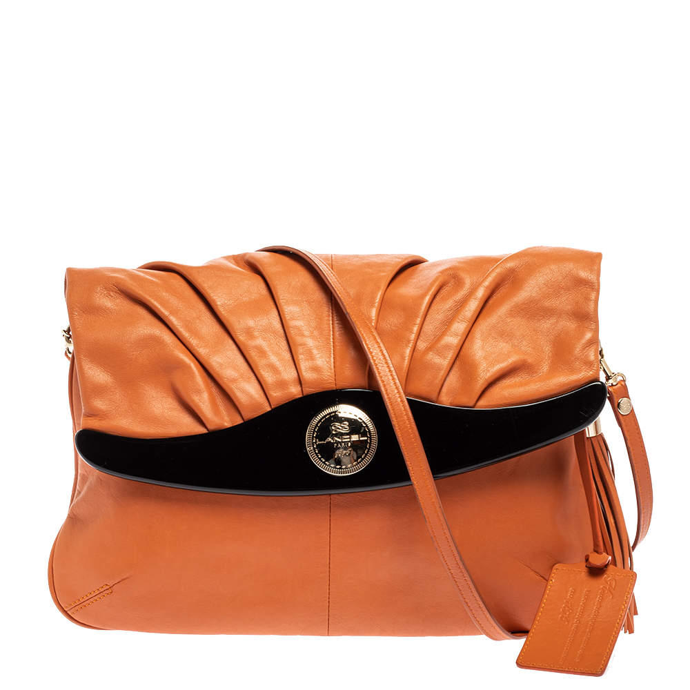 Lancel Orange Pleated Leather Flap Tassel Shoulder Bag