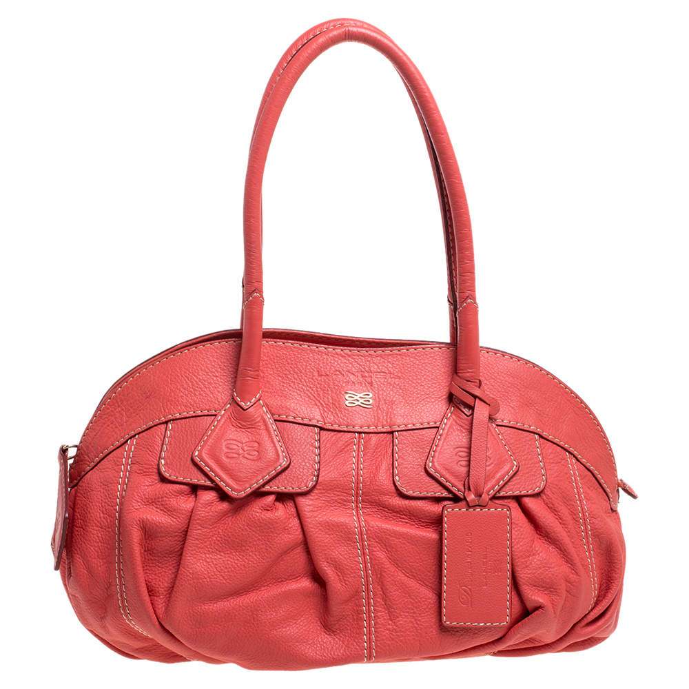 Pre Owned Lancel Coral Orange Leather Zip Satchel