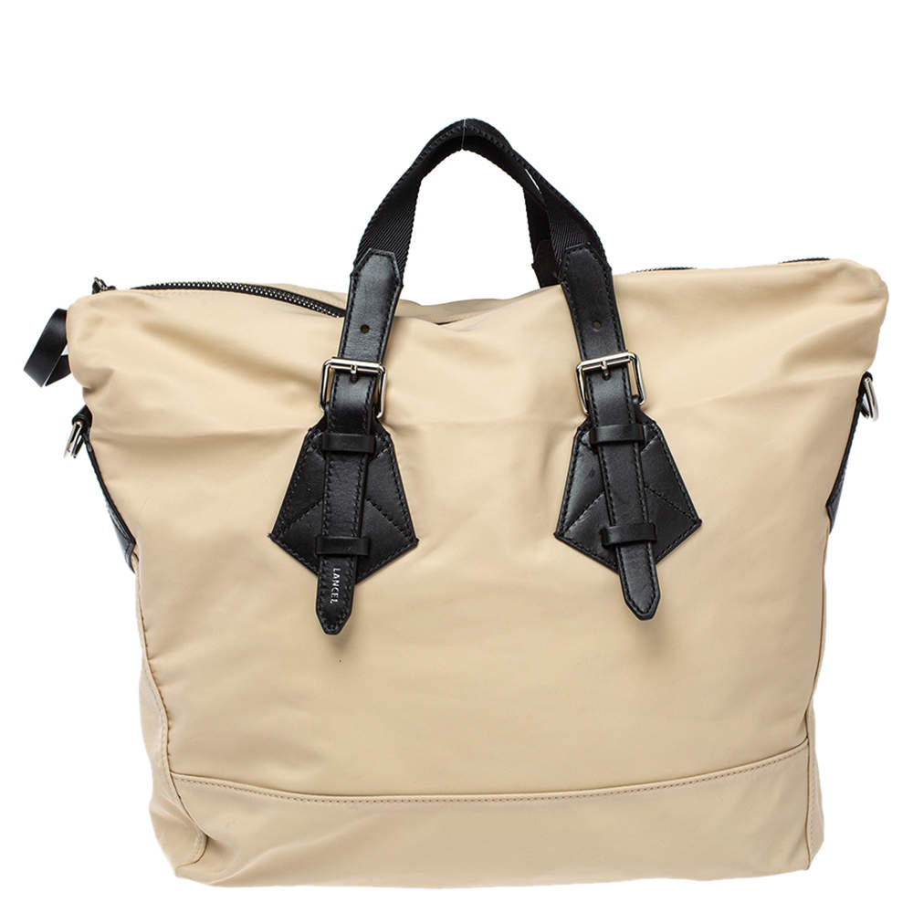 Lancel Beige/Black Nylon and Leather Basket Zip Tote