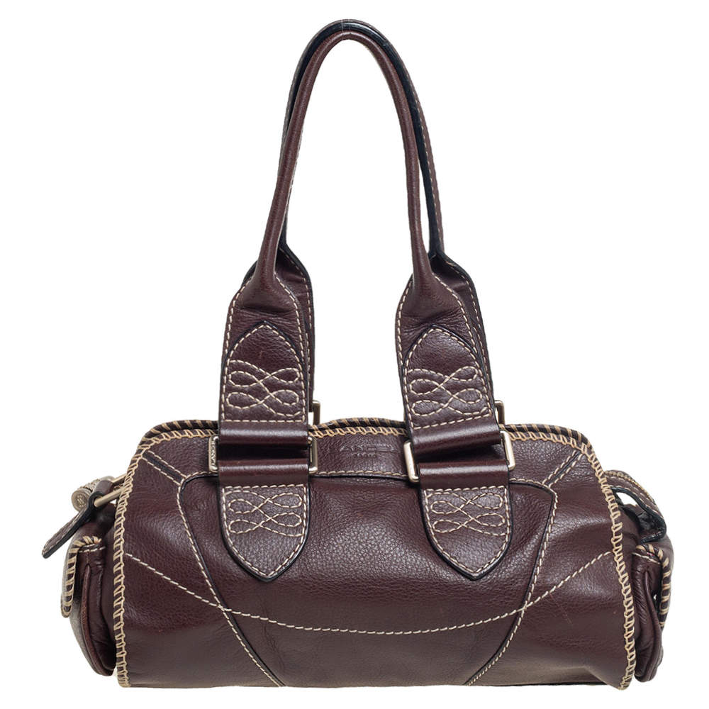 Pre Owned Lancel Mocha Brown Whipstitch Leather Side Pocket Satchel