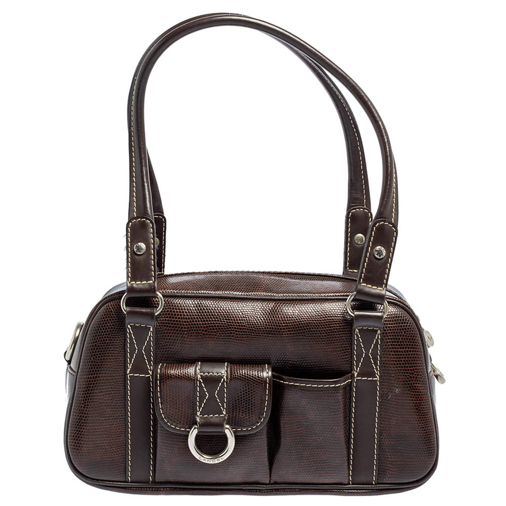 Lancel Dark Brown Lizard Embossed Leather Front Pocket Satchel