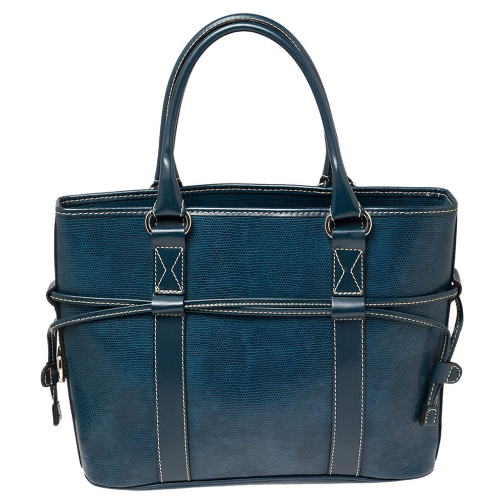 Pre Owned Lancel Blue Lizard Embossed Leather Drawstring Tote