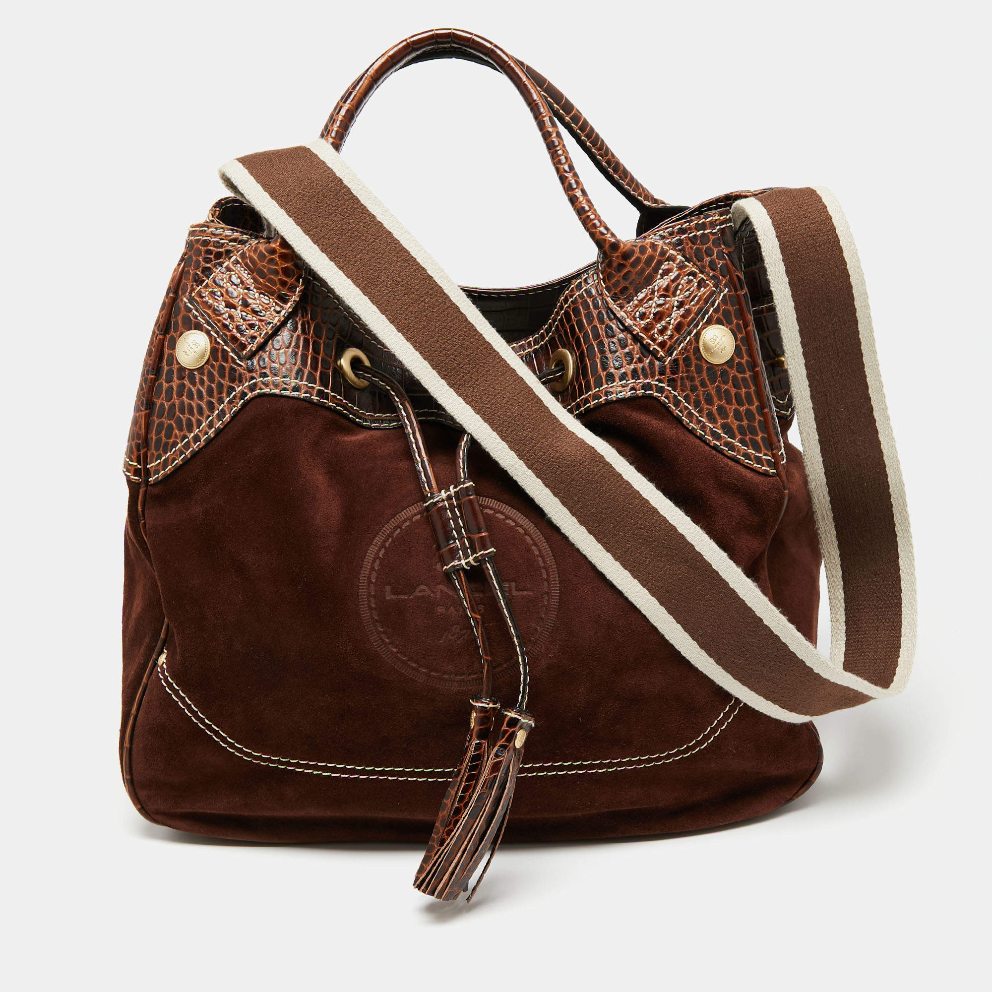 Lancel Brown Croc Embossed Leather and Suede Drawstring Shoulder Bag