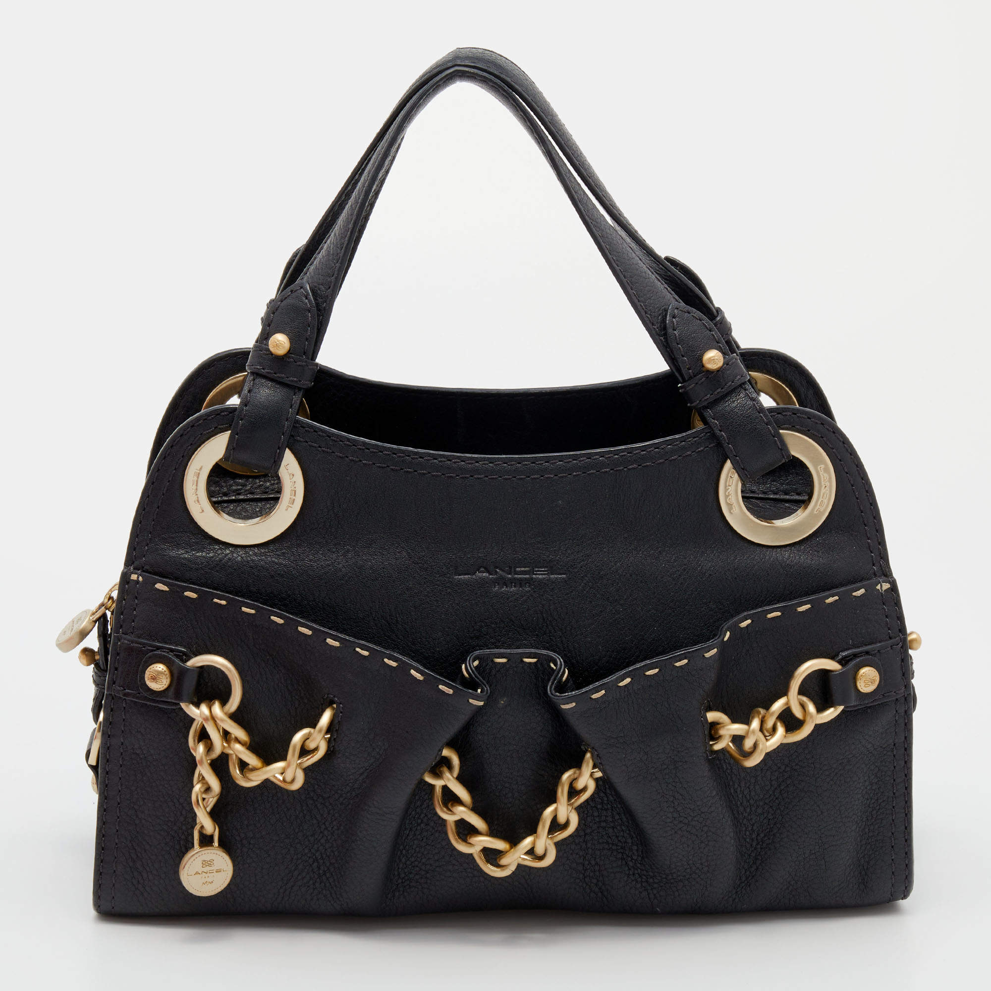 Pre Owned Lancel Black Leather Curb Chain Shoulder Bag