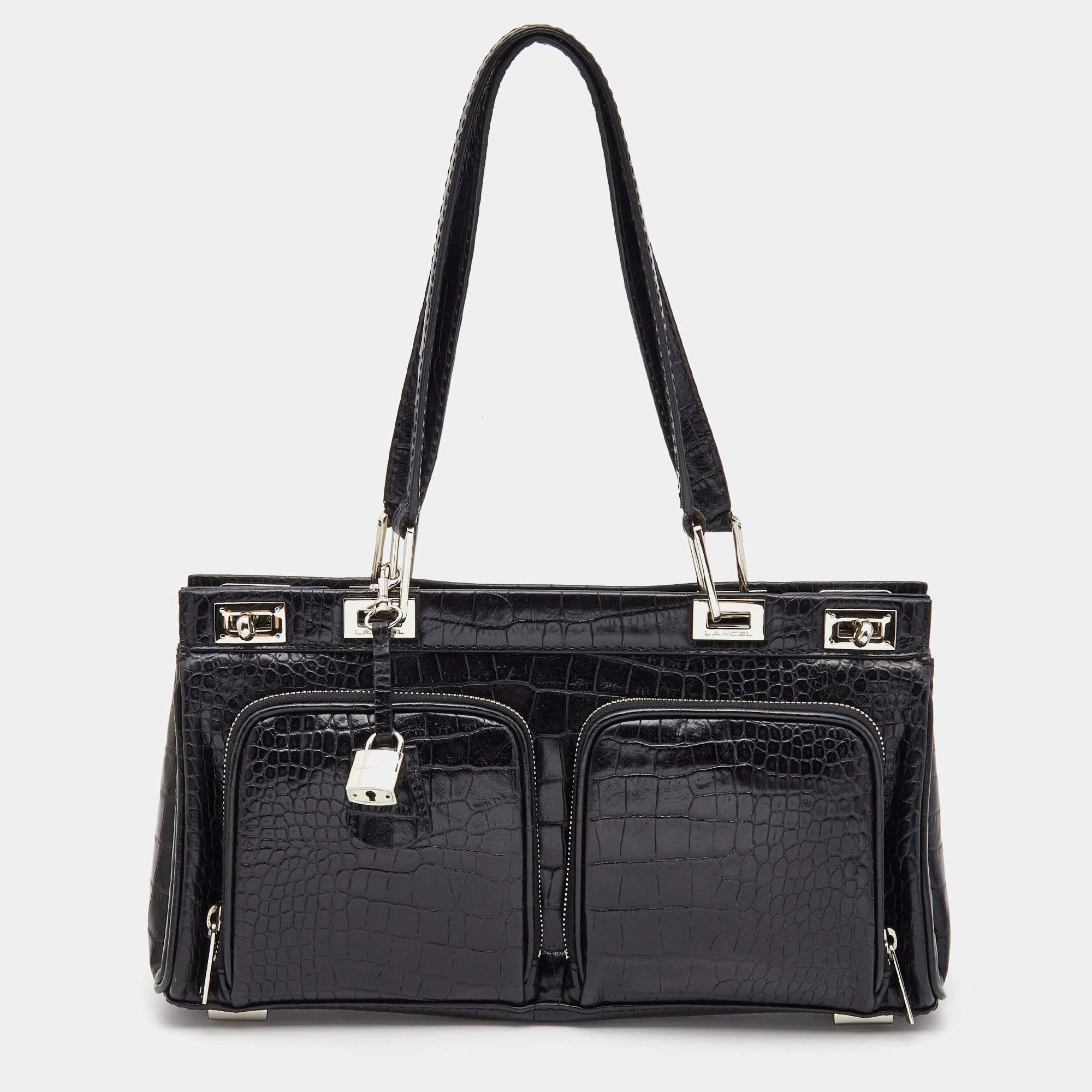 Pre Owned Lancel Black Crocodile Leather Double Pocket Tote