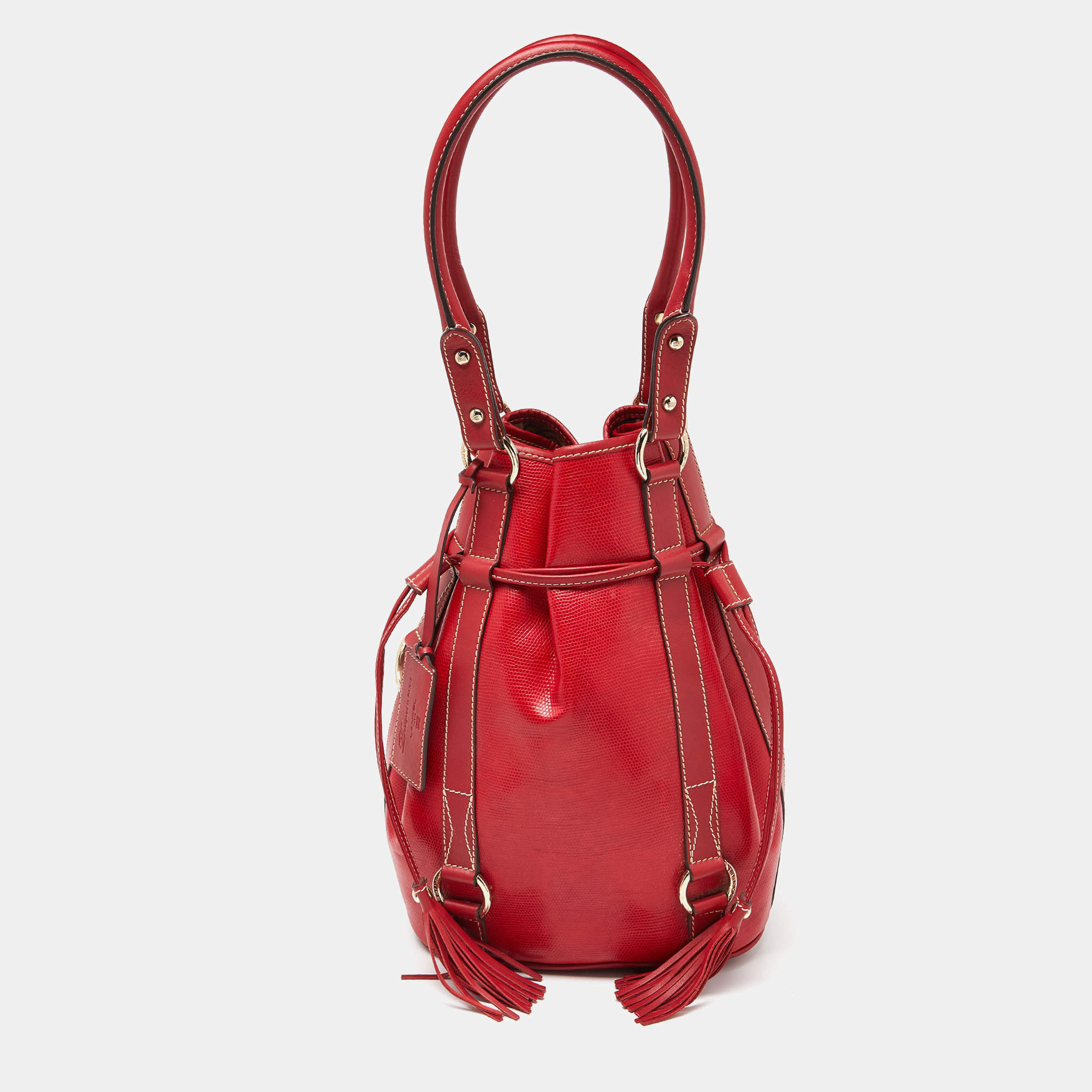 Lancel Red Leather Drawstring Hobo