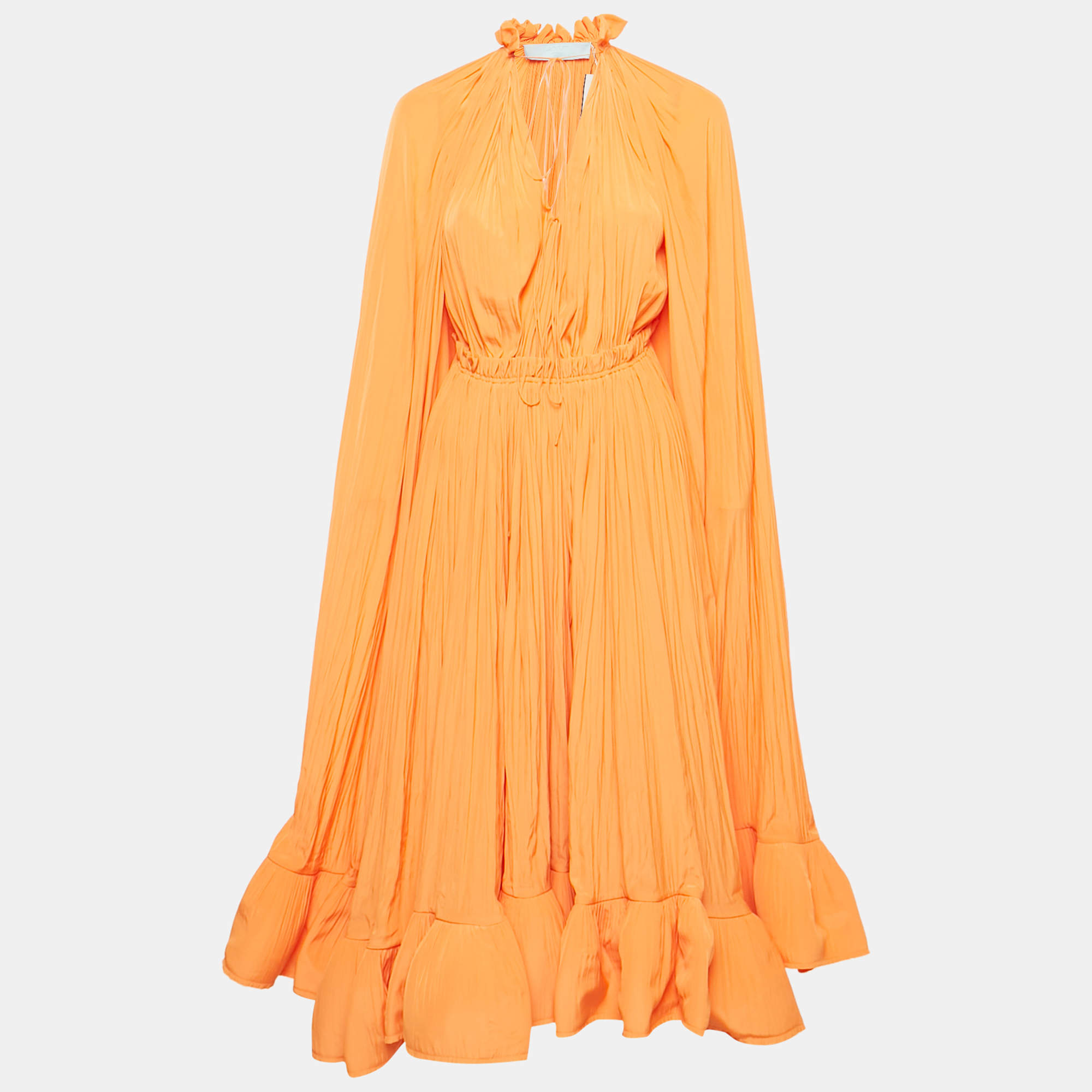 Lanvin Orange Crepe Ruffled Cape Style Charmeuse Midi Dress S