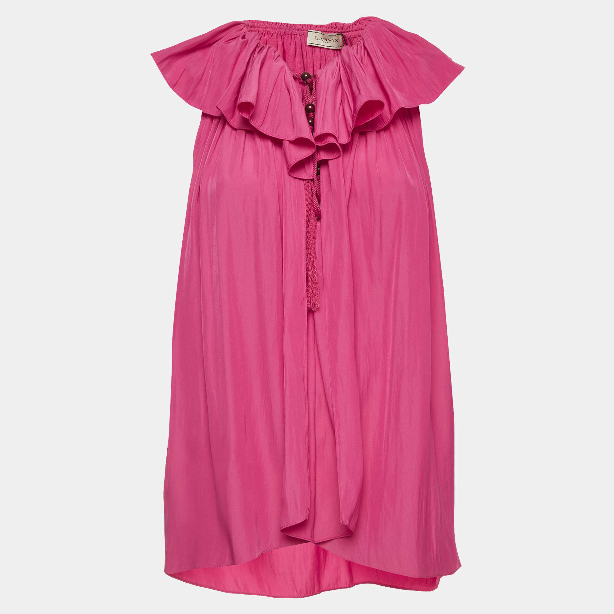 Pre Owned Lanvin Pink Crinkled Synthetic Neck-Tie Blouse M