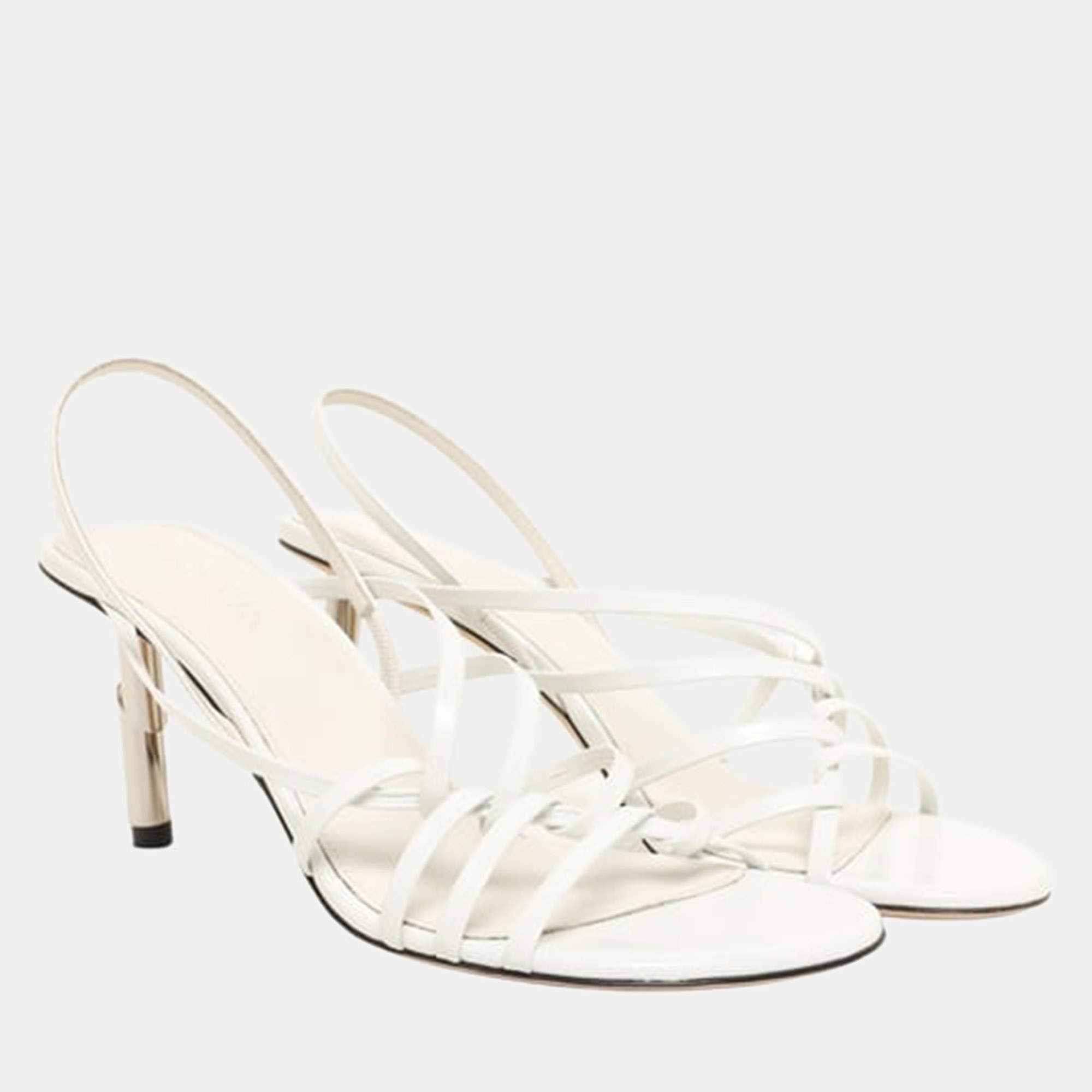 Pre Owned Lanvin Leather Sequence Strappy 75mm Sandal in Beige with Silver Stud Size 36