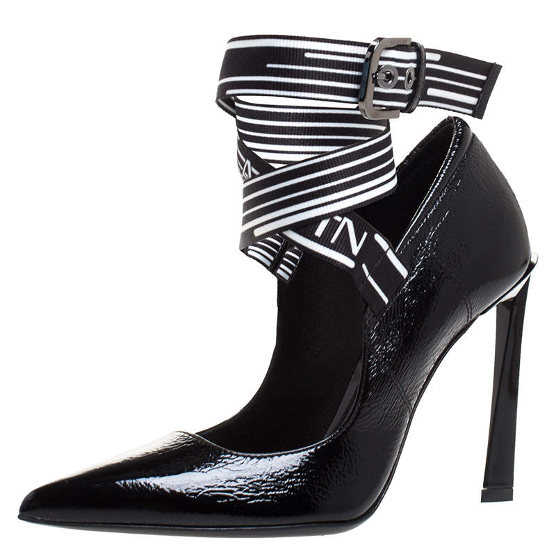 Pre Owned Lanvin Black Textured Patent Leather Pointed Toe Lace Buckle Pumps Size 36