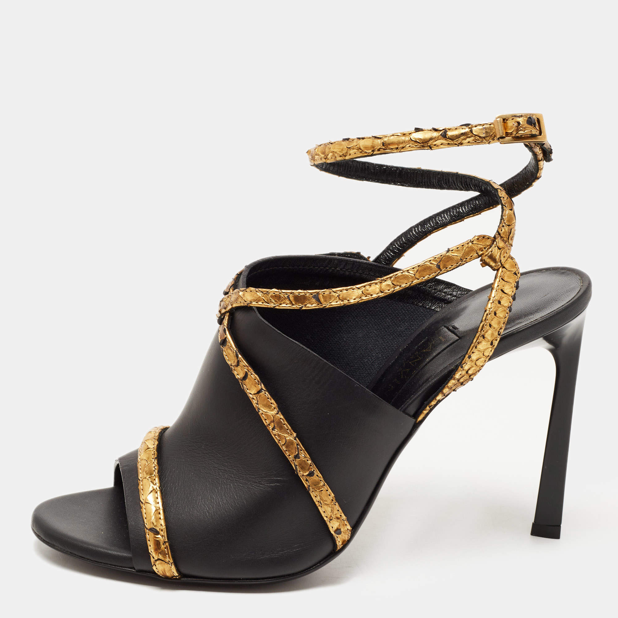 Pre Owned Lanvin Black/Gold Leather and Python Ankle Strap Mules Size 38.5