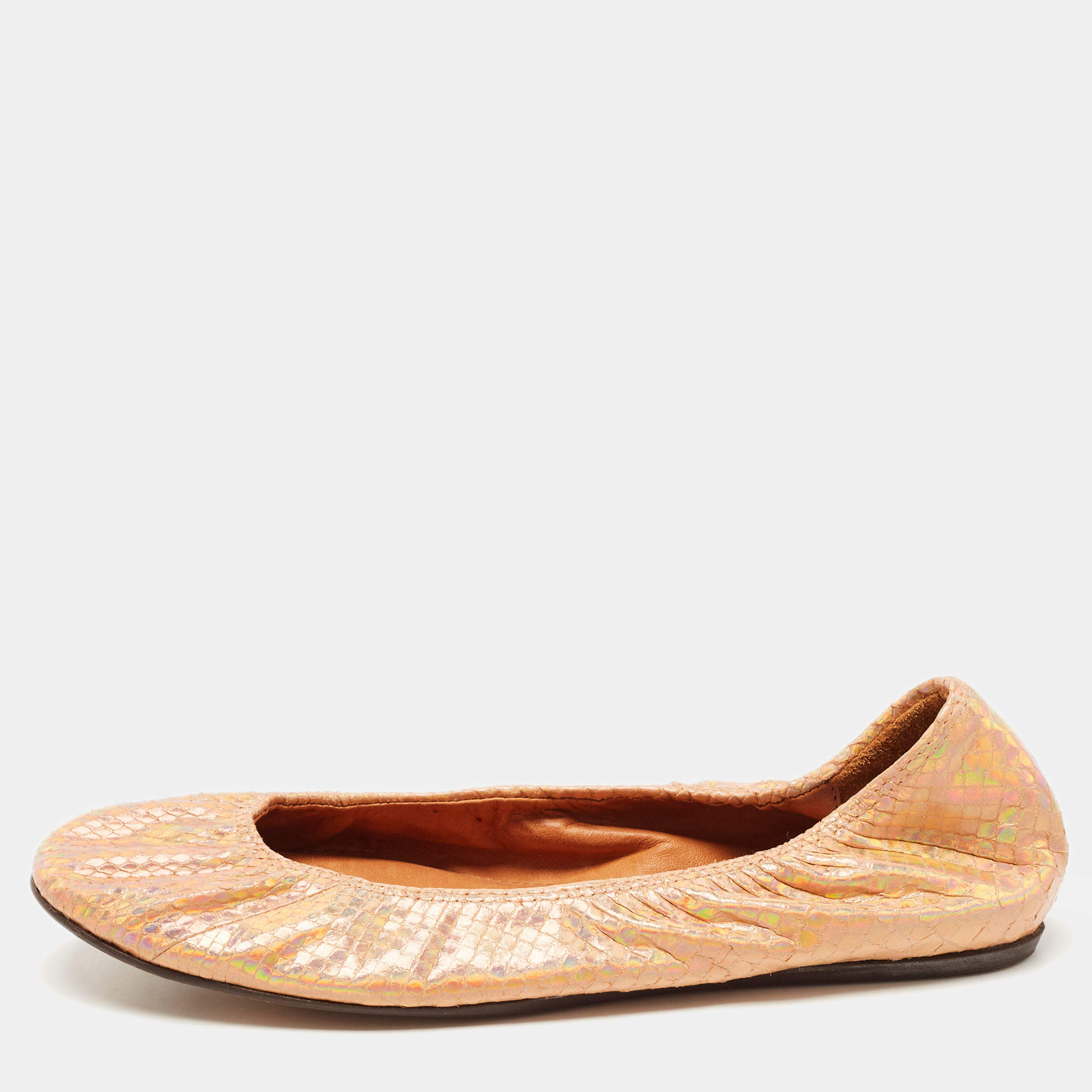 Pre Owned Lanvin Pink Iridescent Embossed Snakeskin Ballet Flats Size 37.5