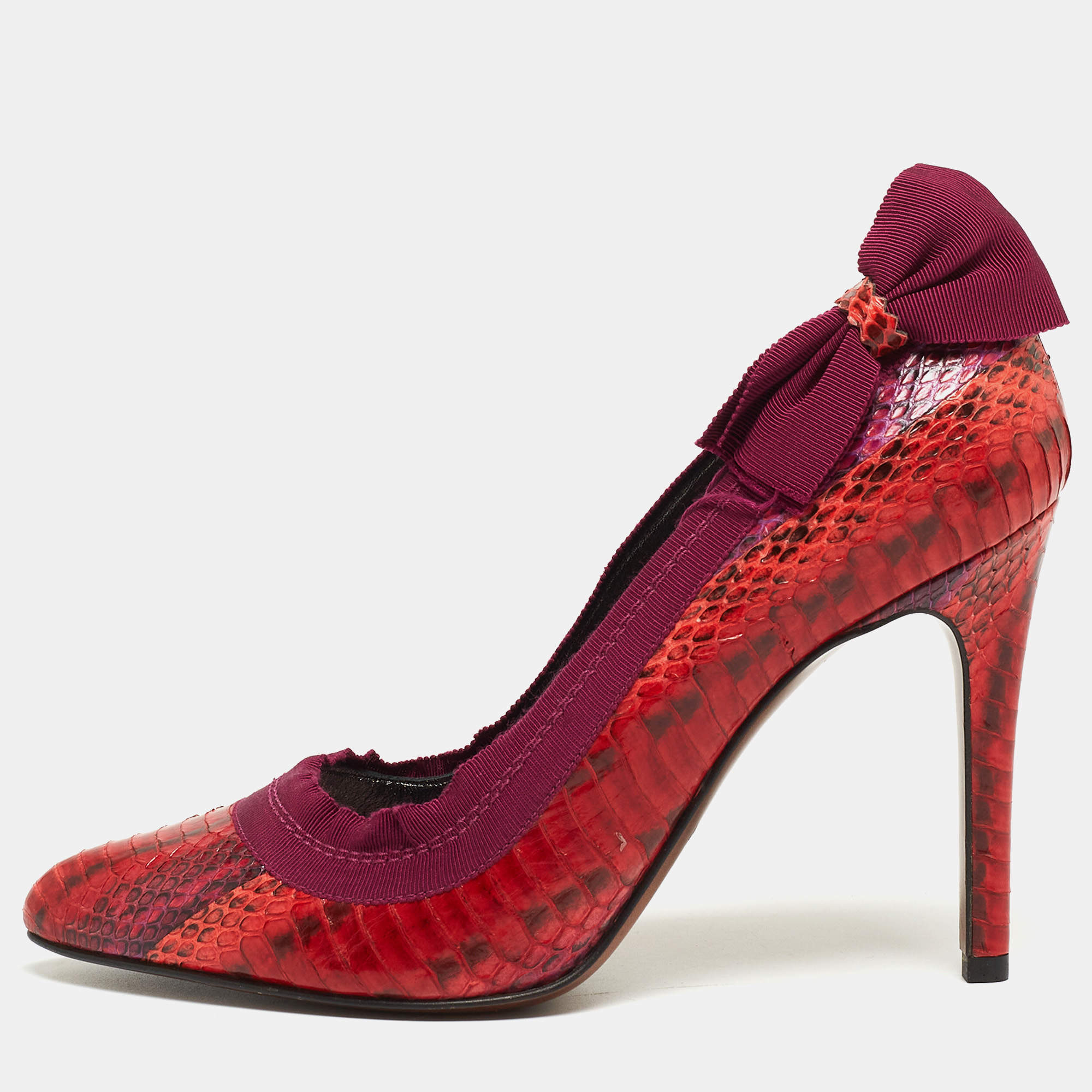 Pre Owned Lanvin Red/Purple Python and Fabric Bow Pumps Size 38
