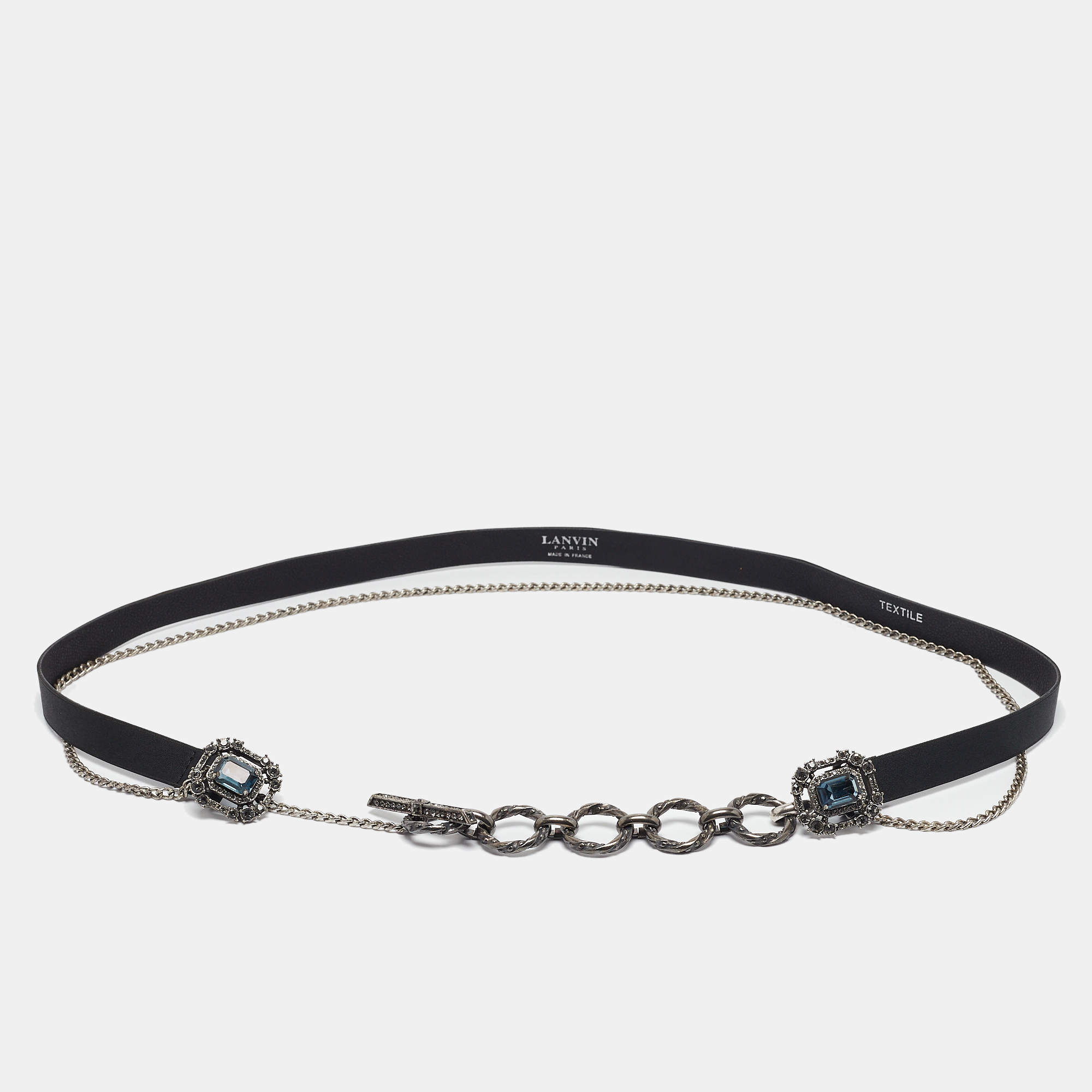 Lanvin Black Leather and Chain Crystals Embellished Waist Belt