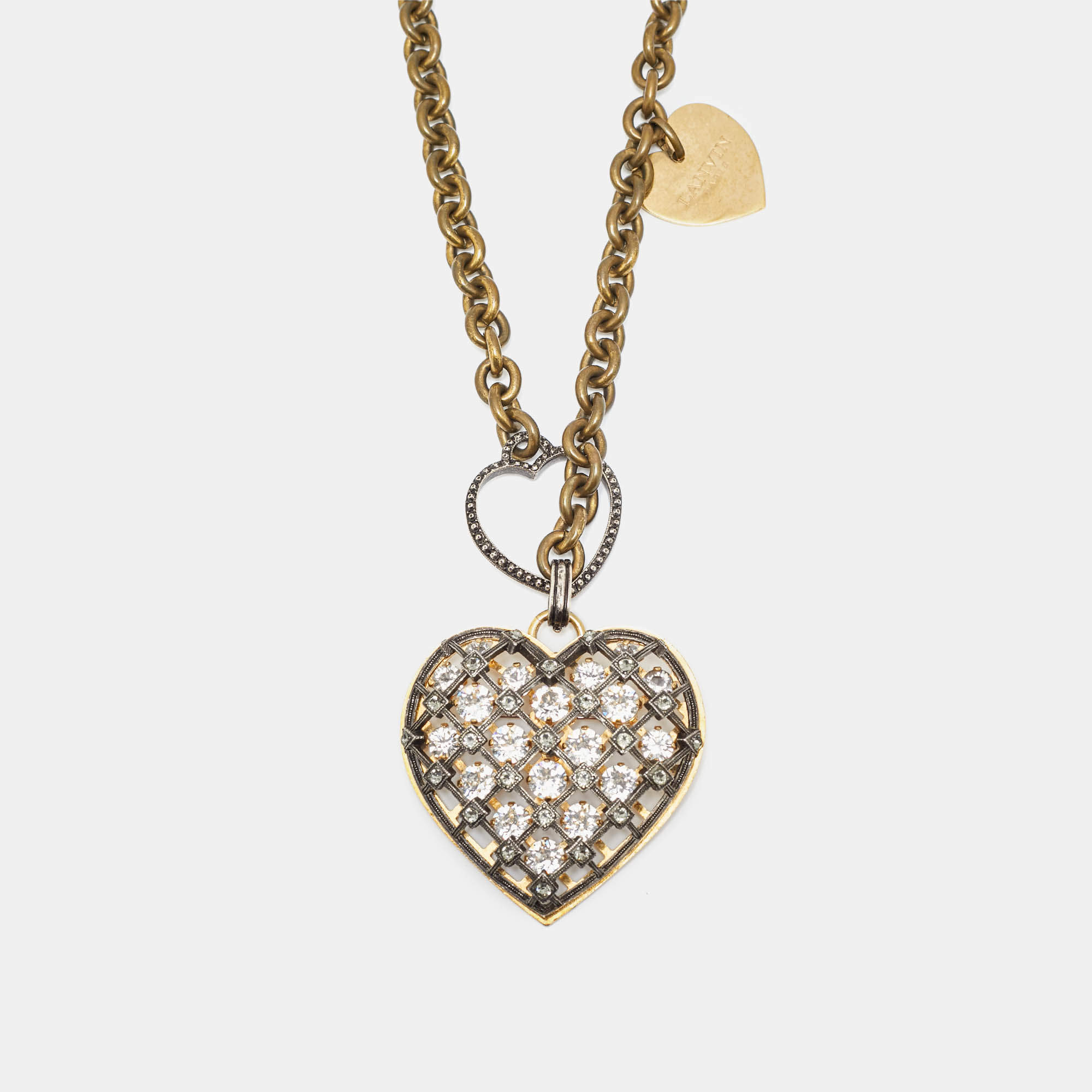 Pre Owned Lanvin Heart Crystals Two Tone Metal Necklace/Brooch
