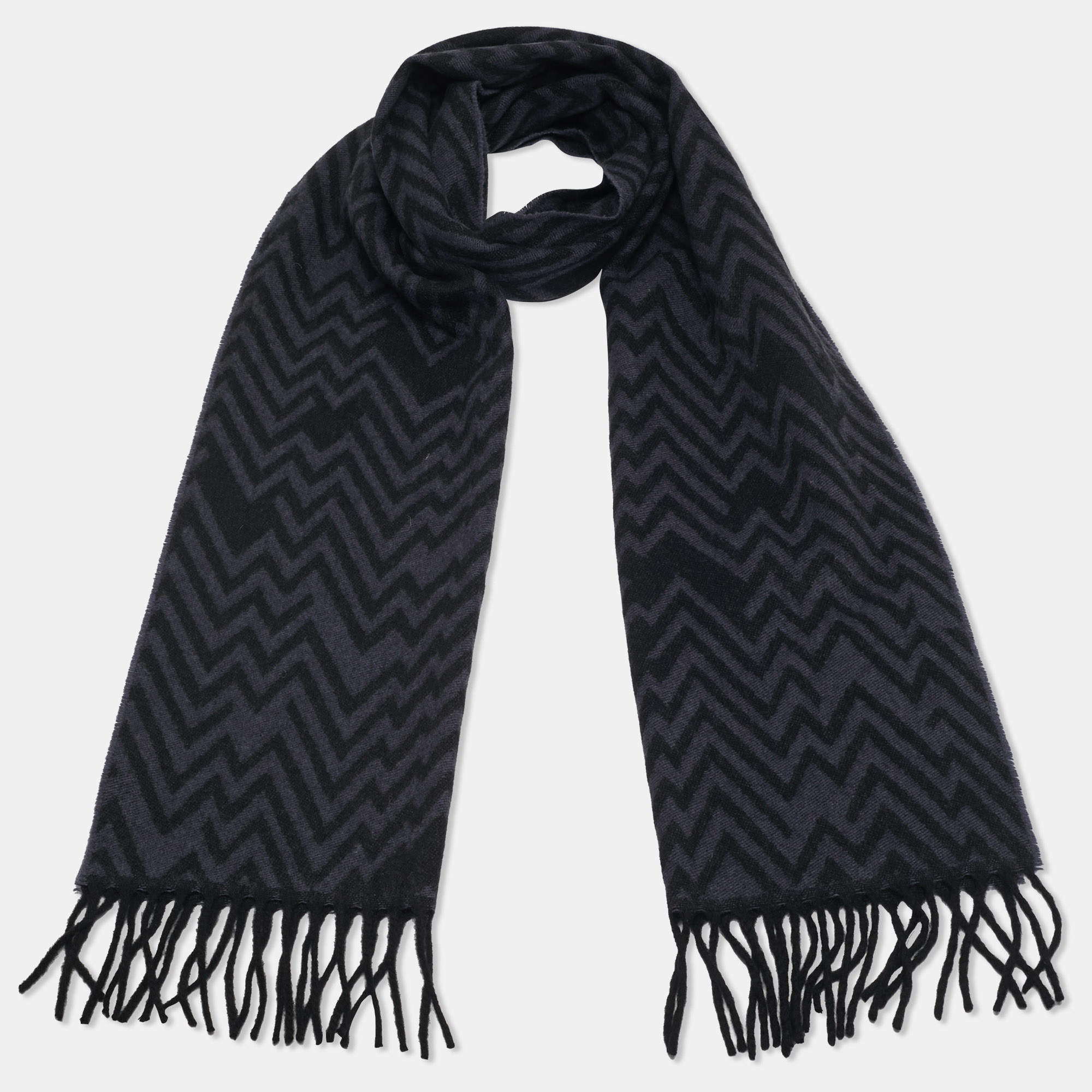 Pre Owned Lanvin Blue Chevron Knit Wool Fringed Scarf