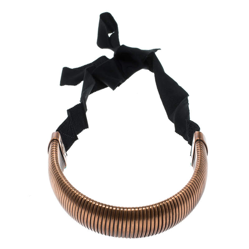 Pre Owned Lanvin Flexible Bronze Tone Tube Black Ribbon Tie-up Necklace
