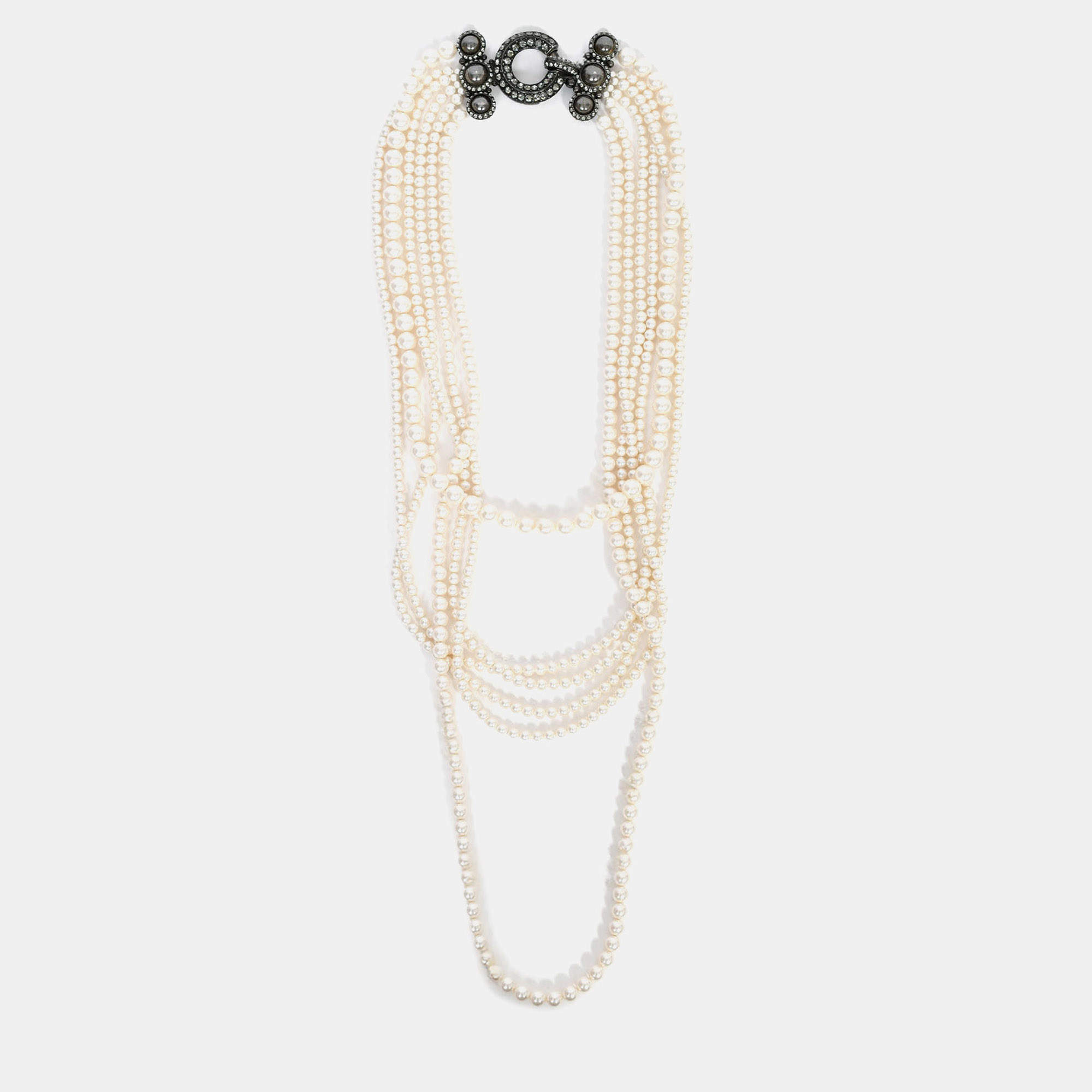 Pre Owned Lanvin Faux Pearl Multistrand Necklace with Crystal Embellished Closure