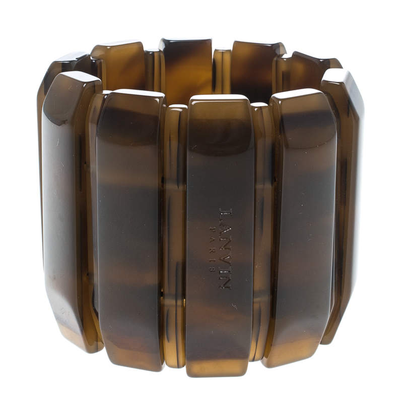 Lanvin Brown Plastic Polyester Elastic Wide Cuff Bracelet 