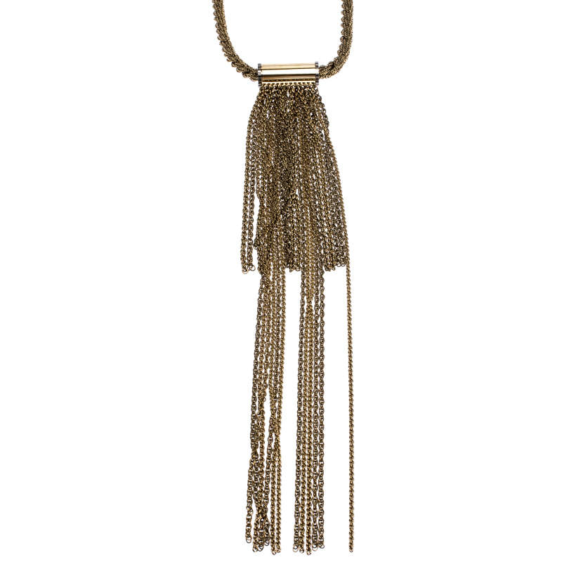 Lanvin Chain Link Gold Tone Long Tassel Statement Necklace