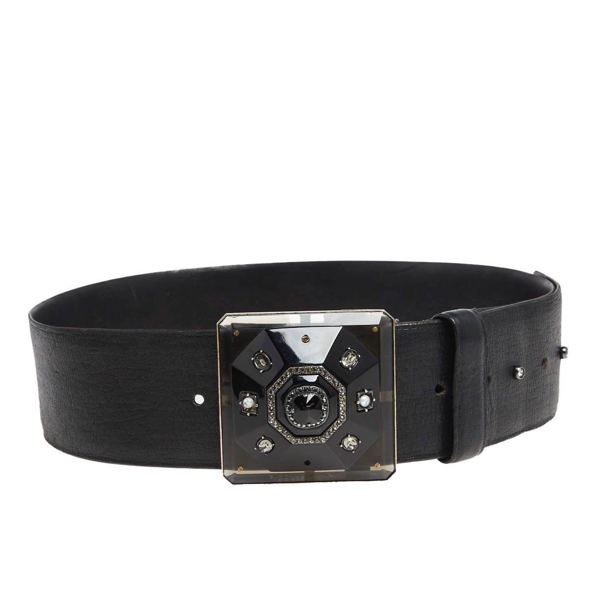 Pre Owned Lanvin Black Leather Crystals Embellished Square Buckle Belt S