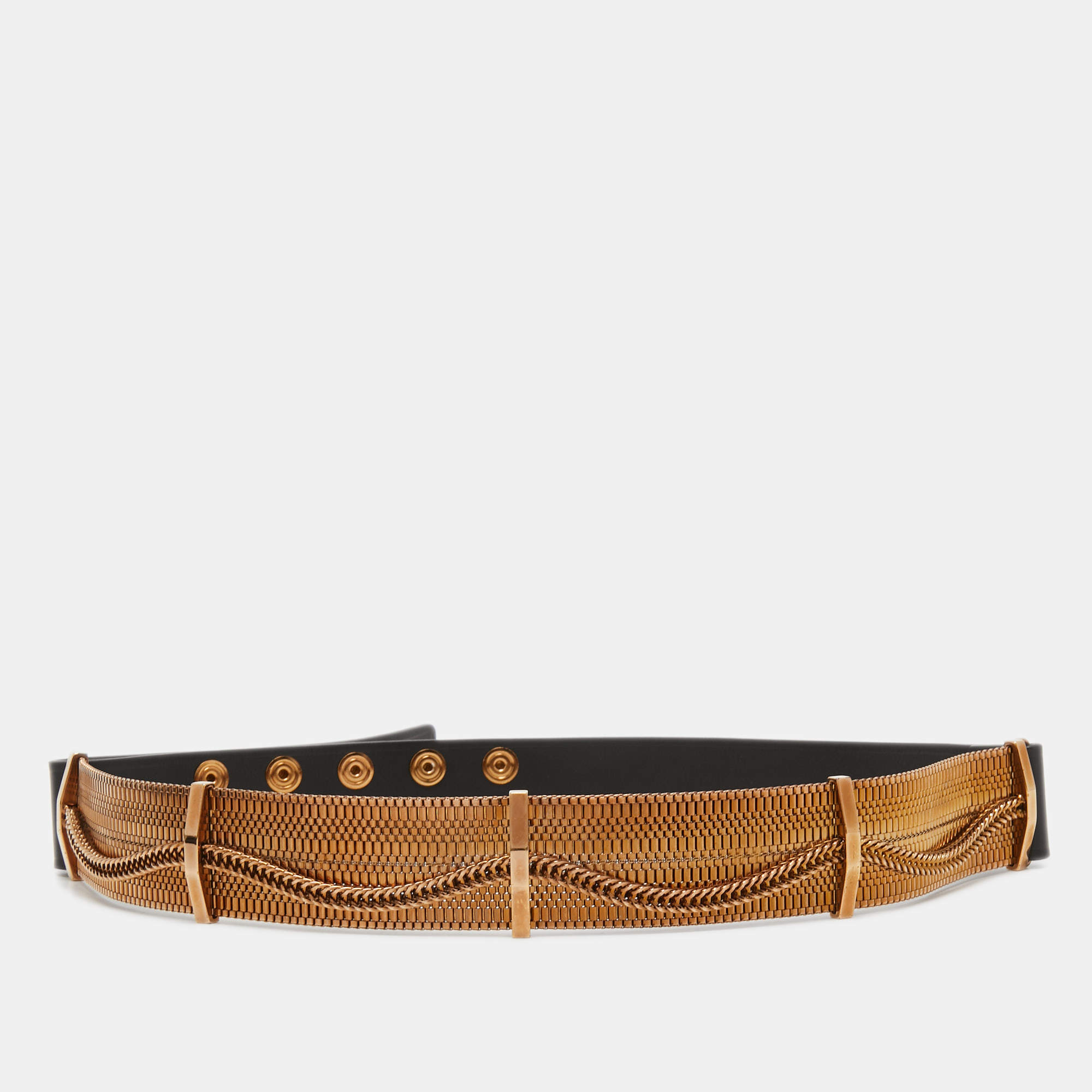 Lanvin Black/Gold Chain Links and Leather Waist Belt 