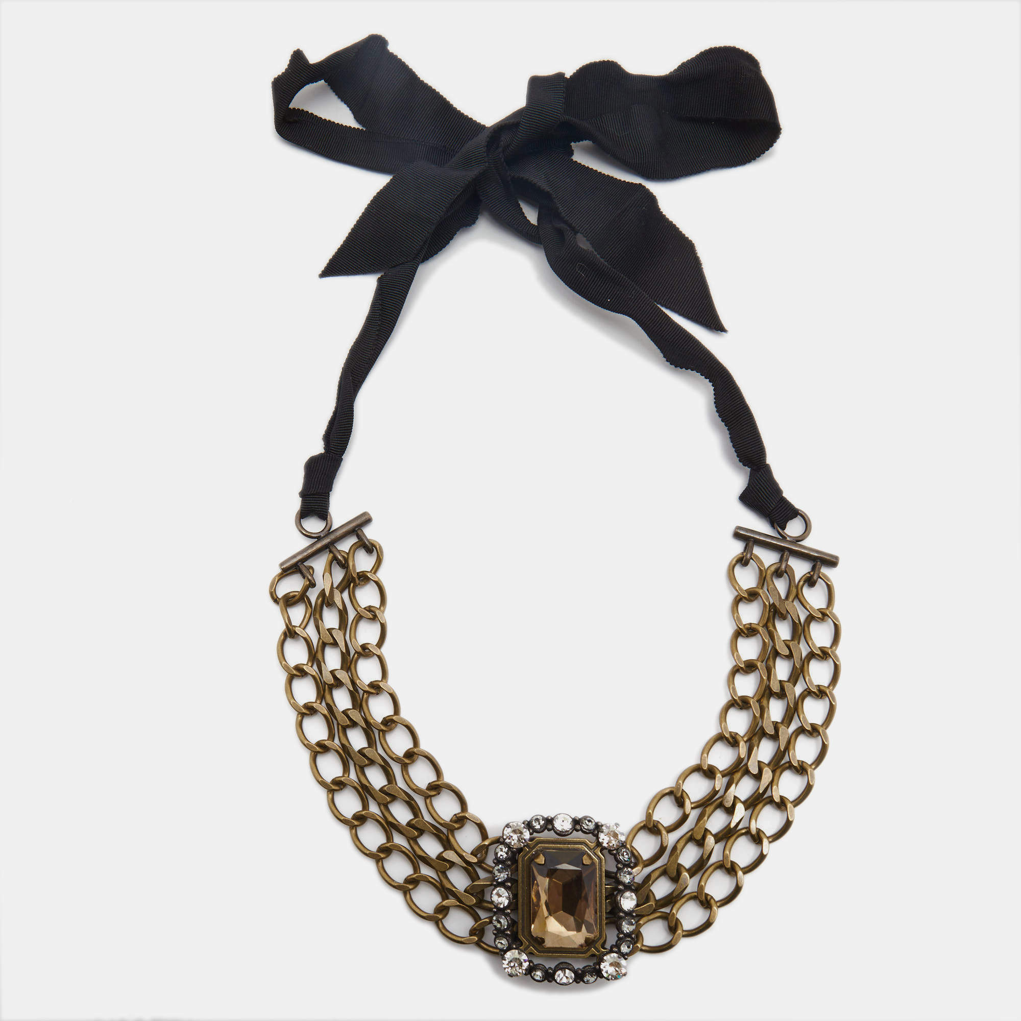 Lanvin Crystals Gold Tone Fabric Necklace