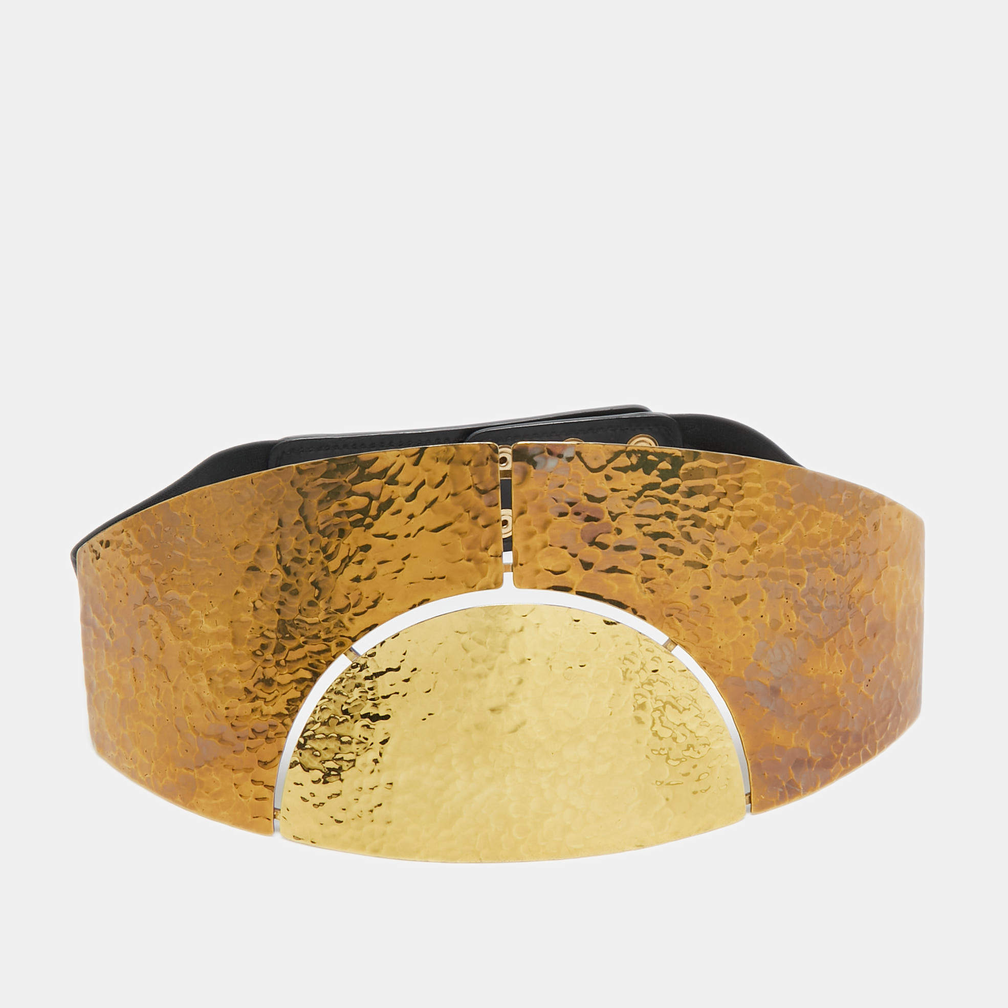 Pre Owned Lanvin Gold/Black Elastic and Leather Metal Plate Wide Belt S