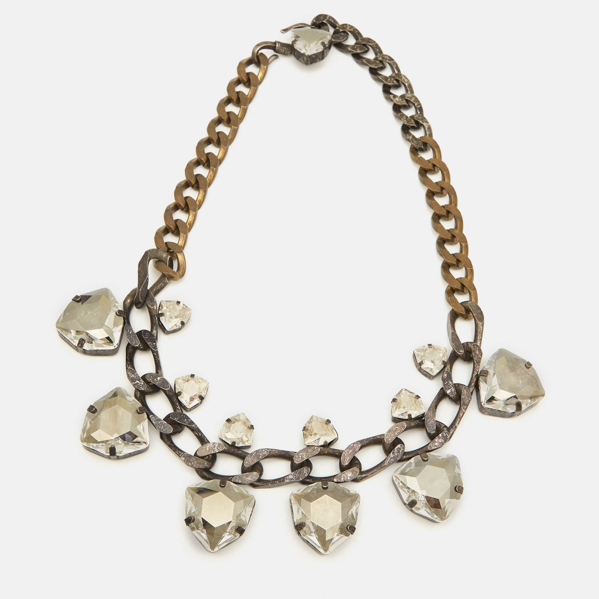Pre Owned Lanvin Crystals Two Tone Metal Necklace