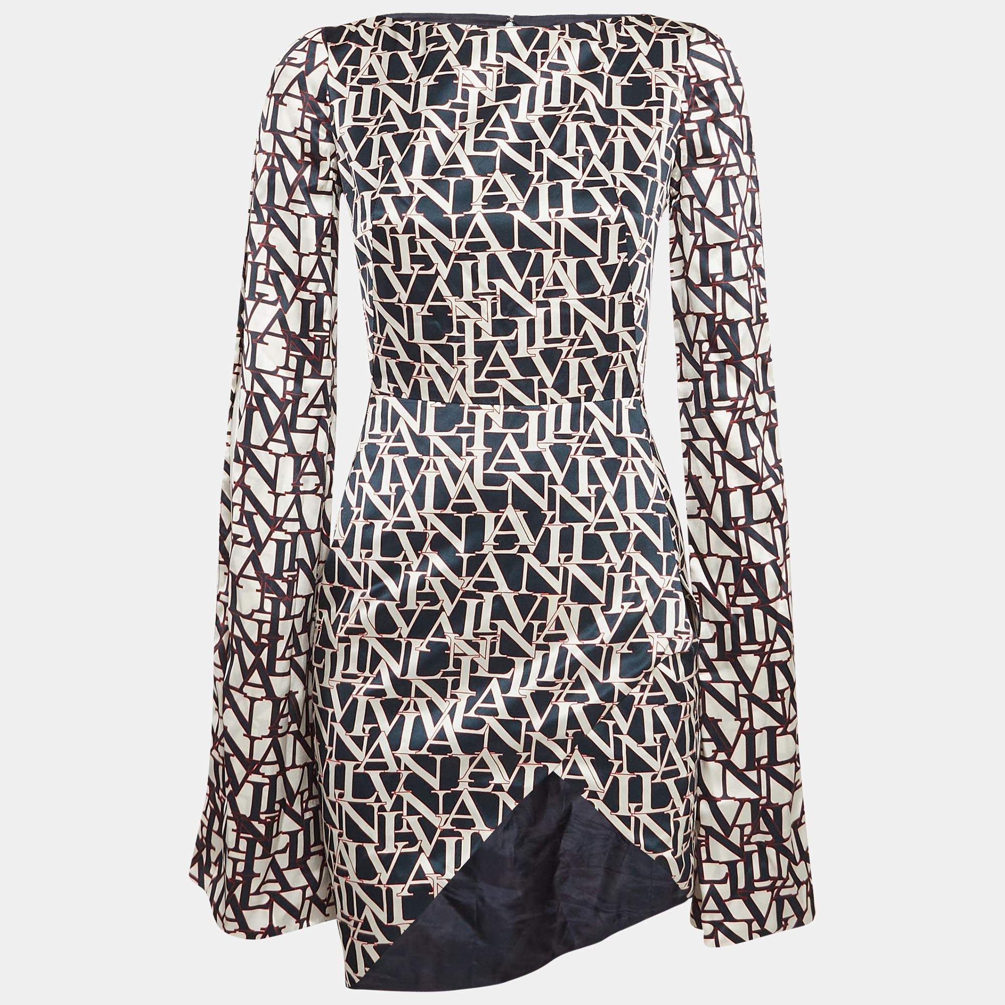 Pre Owned Lanvin Blue Printed Satin Flared Sleeve Mini Dress S