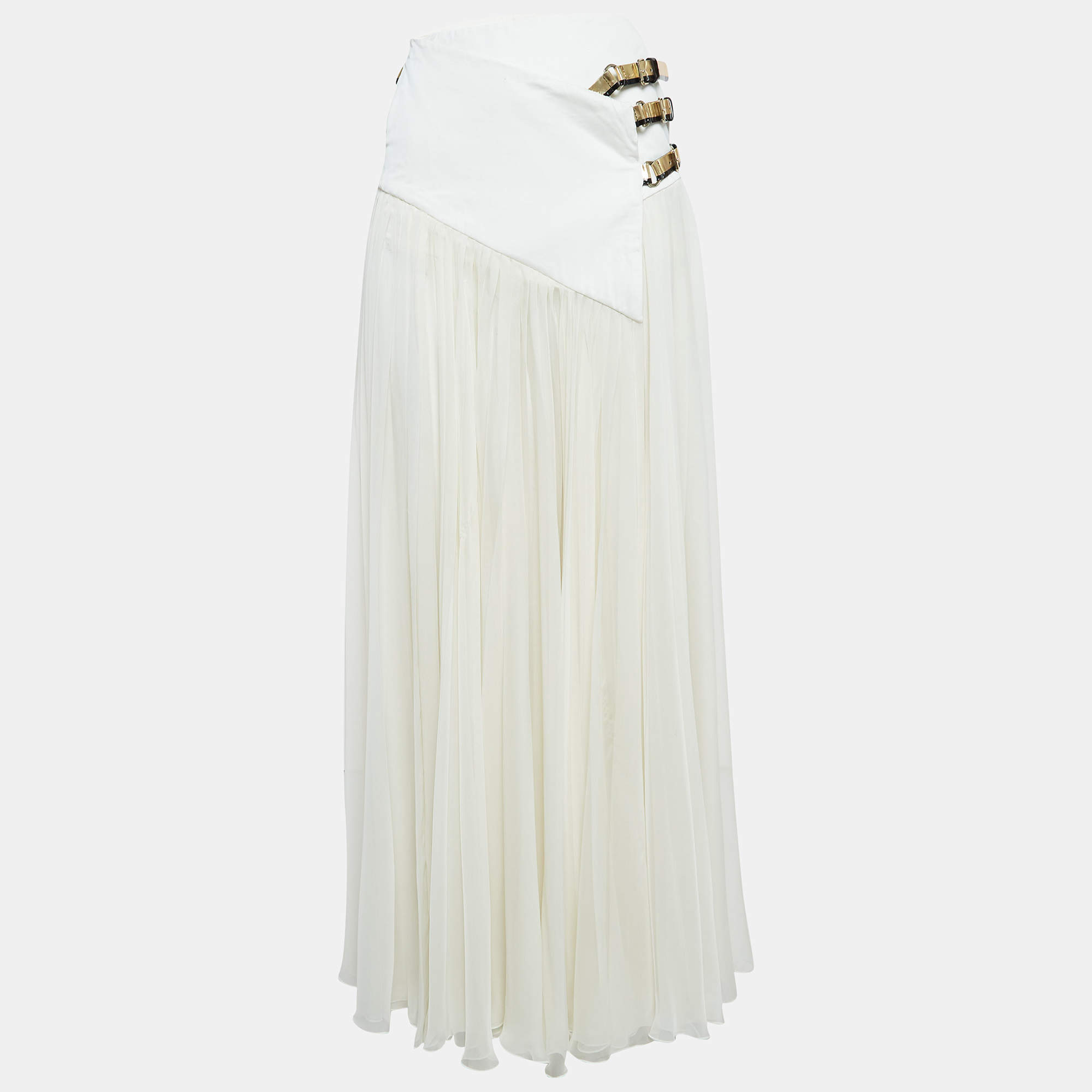 Pre Owned Lanvin White Chiffon Triple-Buckle-Up Wrap Skirt S