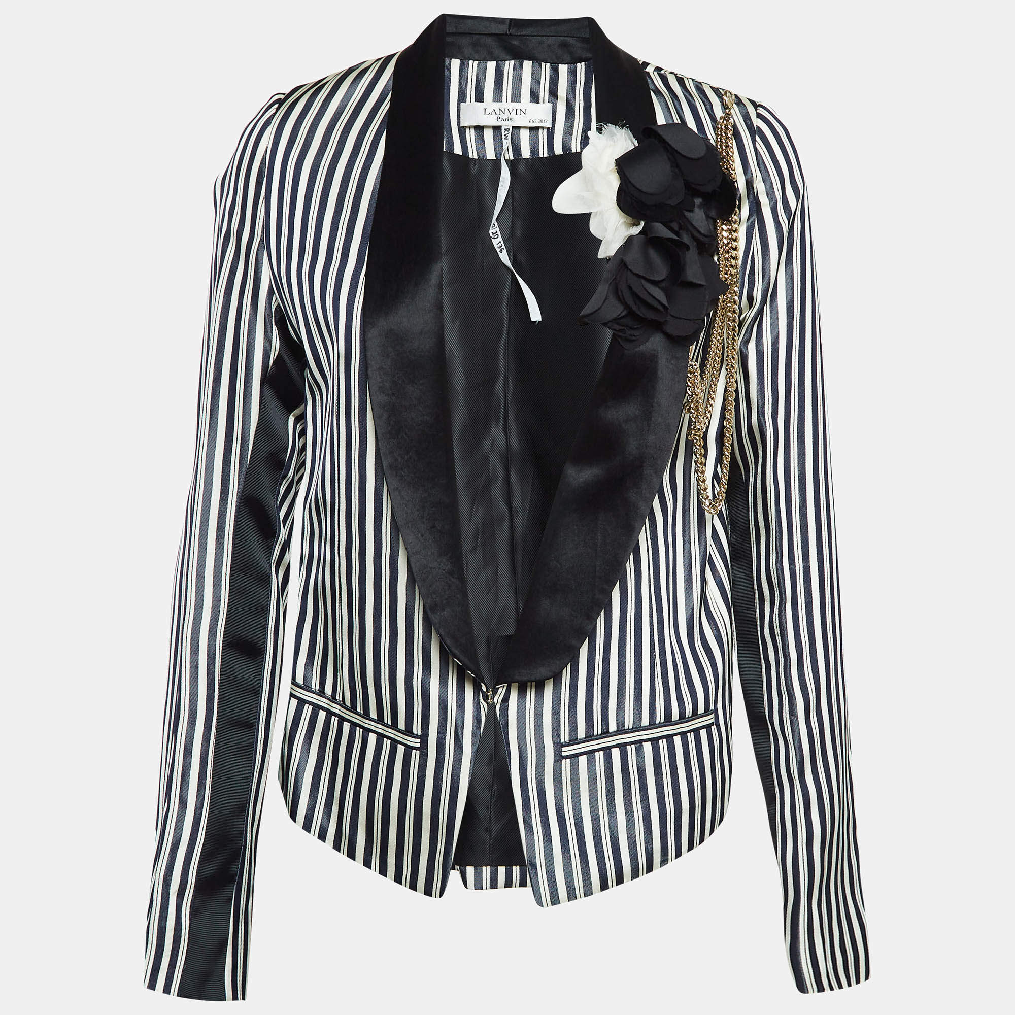 Lanvin Navy Blue/White Stripe Embellished Satin Blazer S