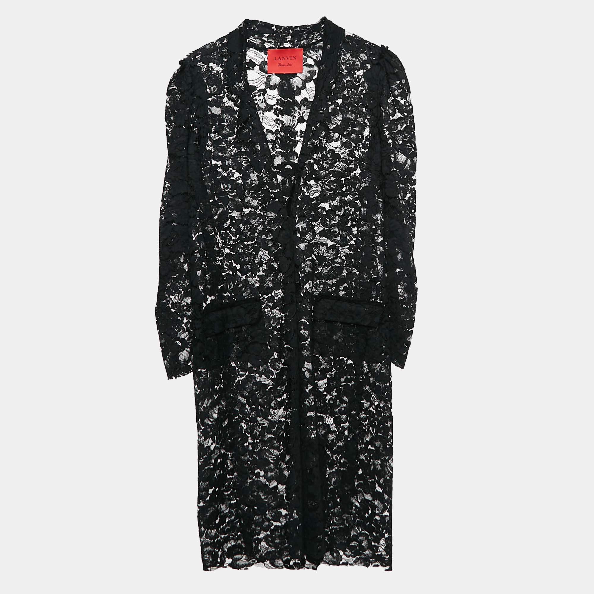 Pre Owned Lanvin Black Floral Lace Full Sleeve Shrug M