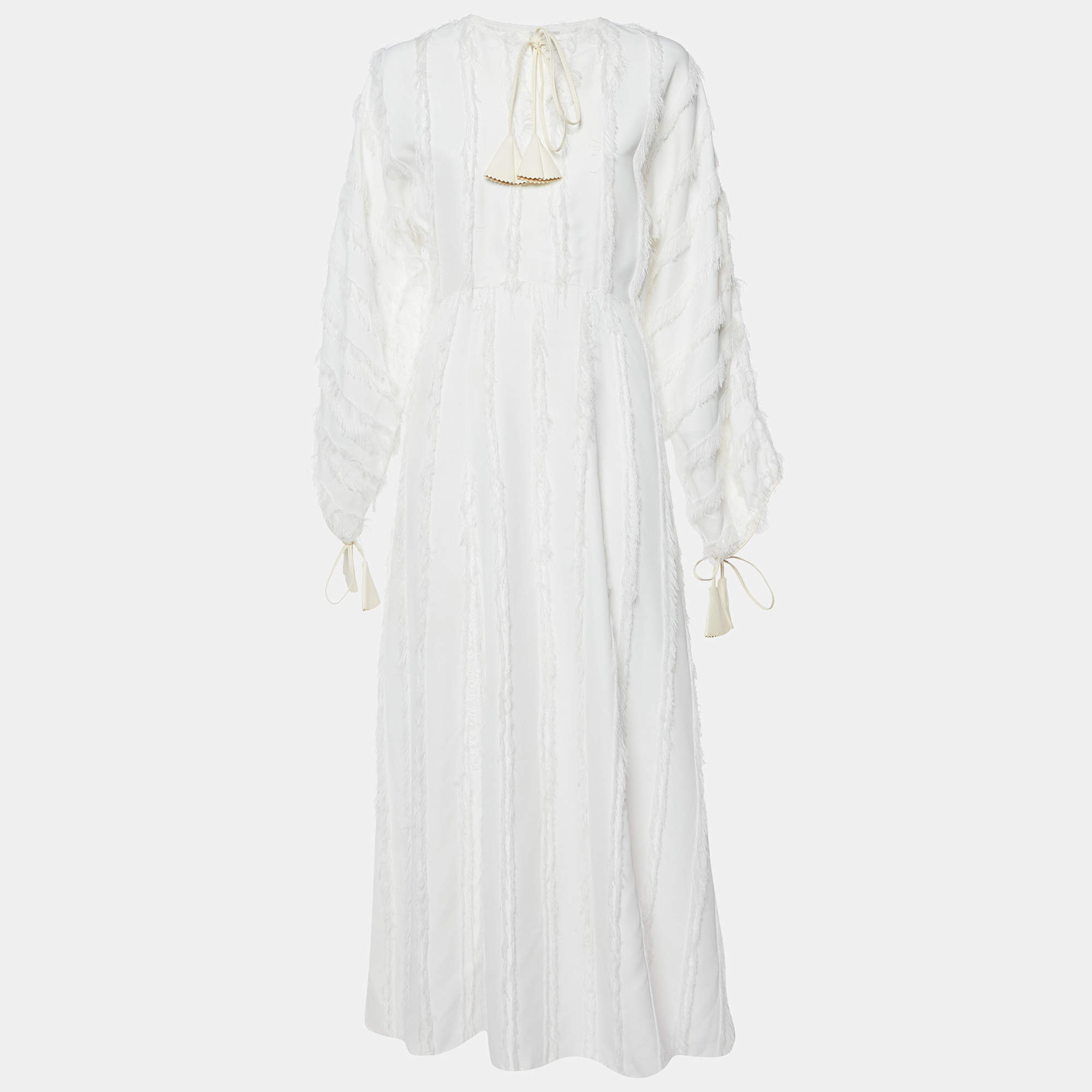 Pre Owned Lanvin Off-White Crepe Fringed Maxi Dress M