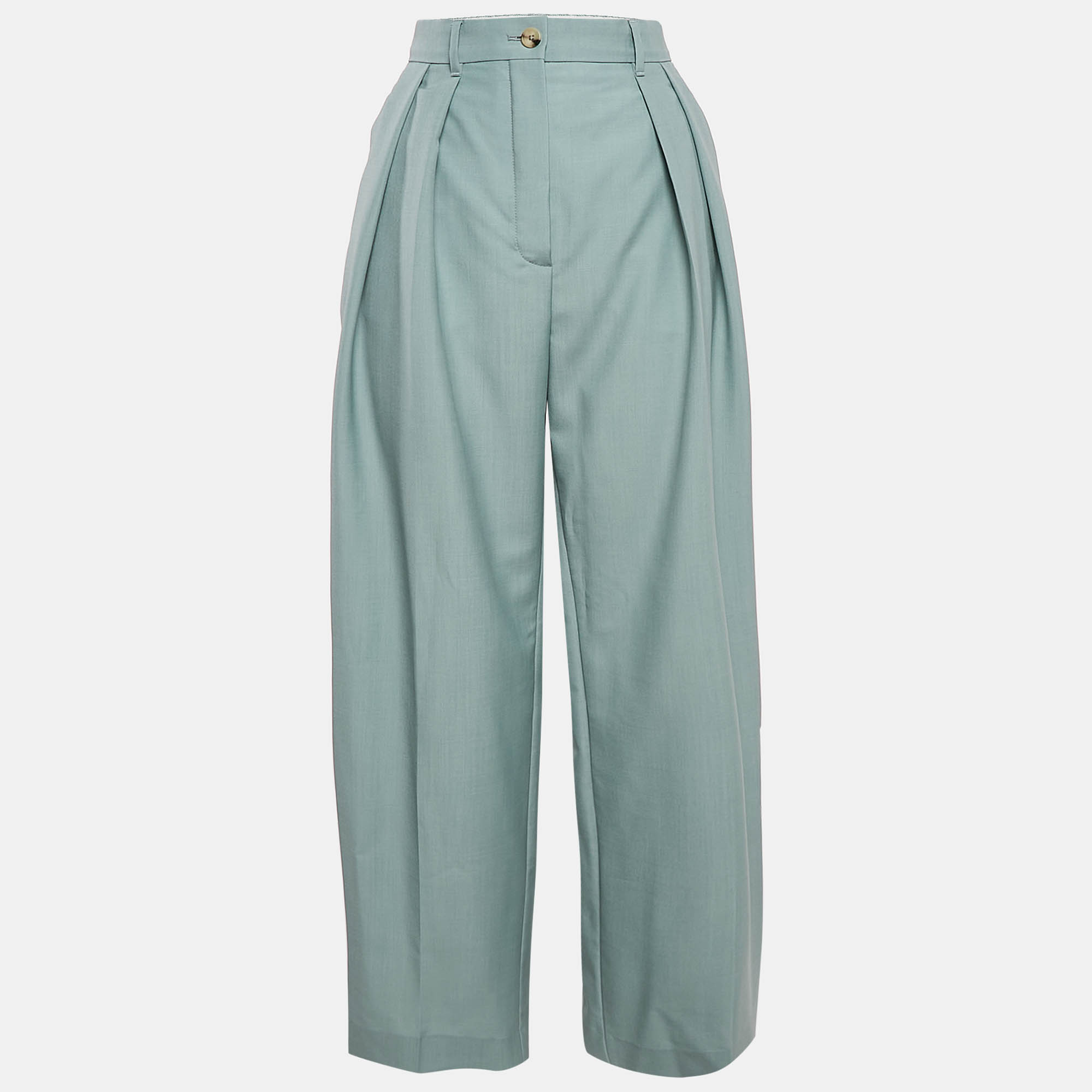 Pre Owned Lanvin Green Wool Blend Pleated Wide Leg Trousers S