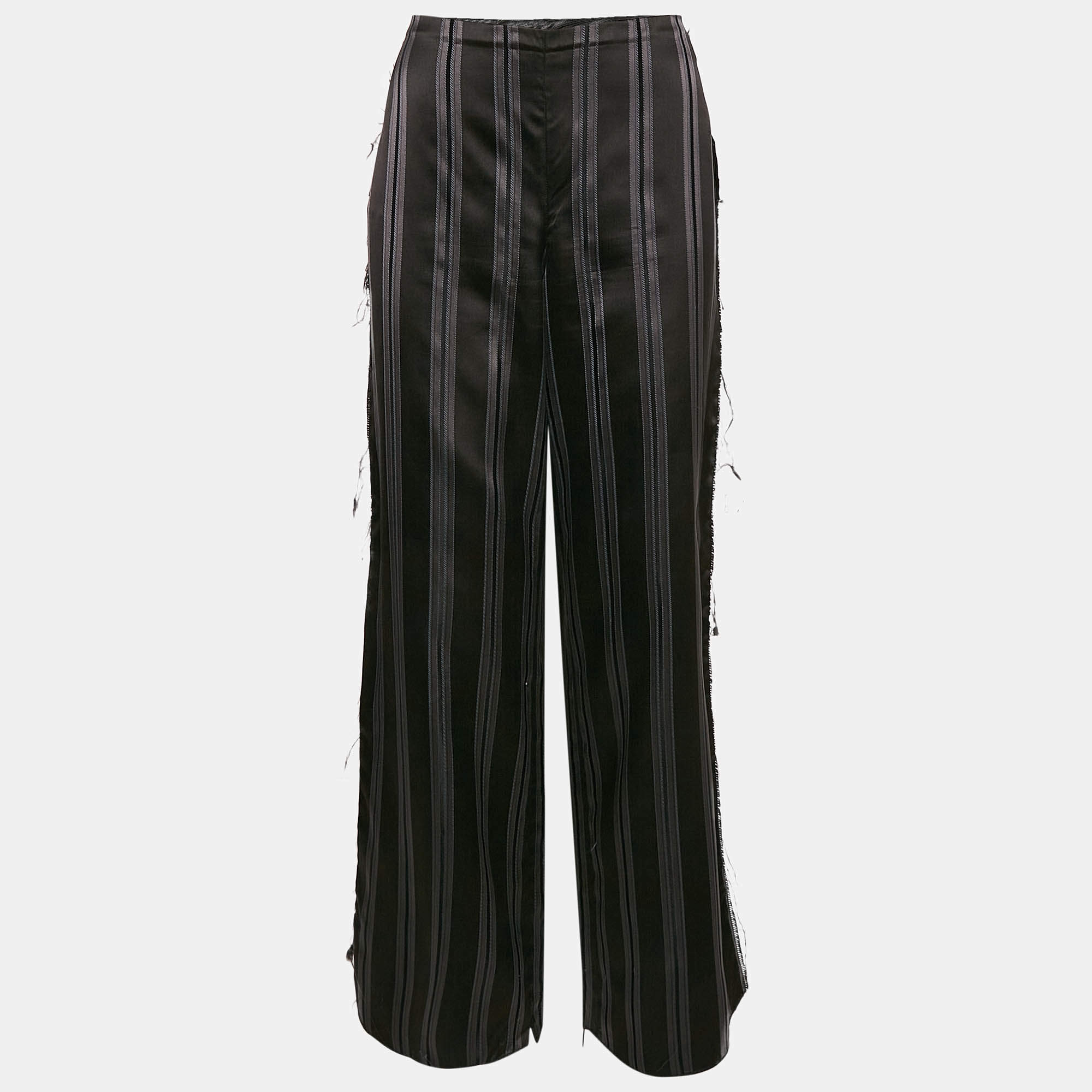 Pre Owned Lanvin Black Stripe Silk Frayed Trousers M