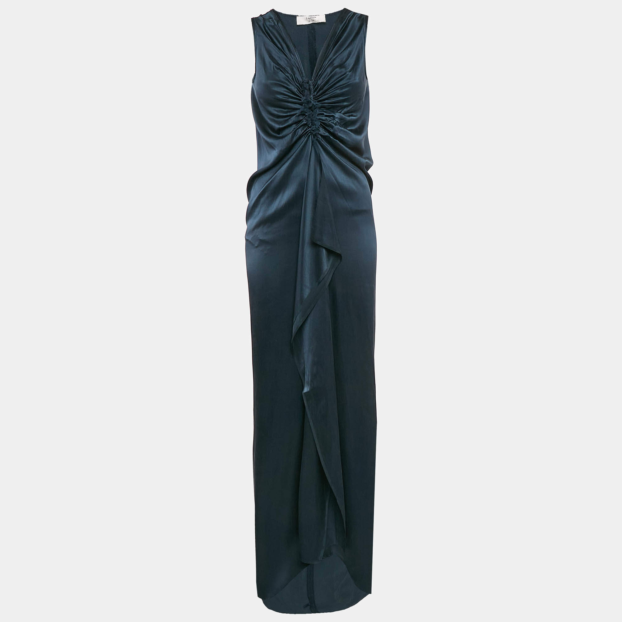 Lanvin Blue Satin Silk Frayed Asymmetric Sleeveless Maxi Dress S